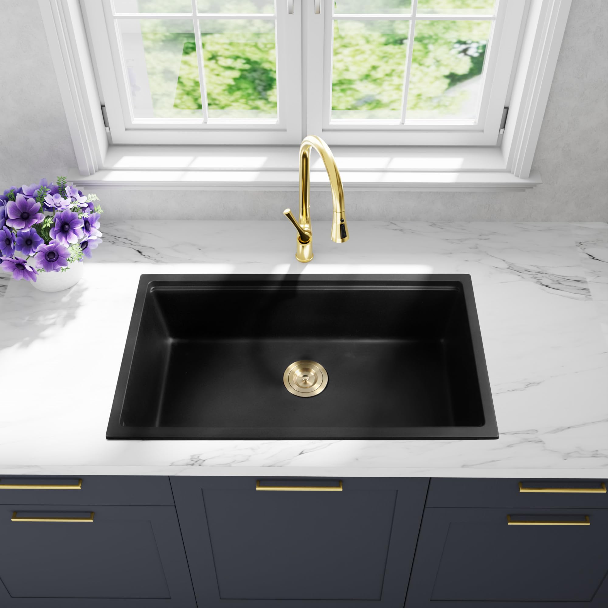 25-Inch Black Undermount Kitchen Sink - Large Deep Quartz Composite Single Bowl Workstation with Accessories - Perfect for Utility, Laundry & Heavy-Duty Cooking - Durable & Stylish (25.59