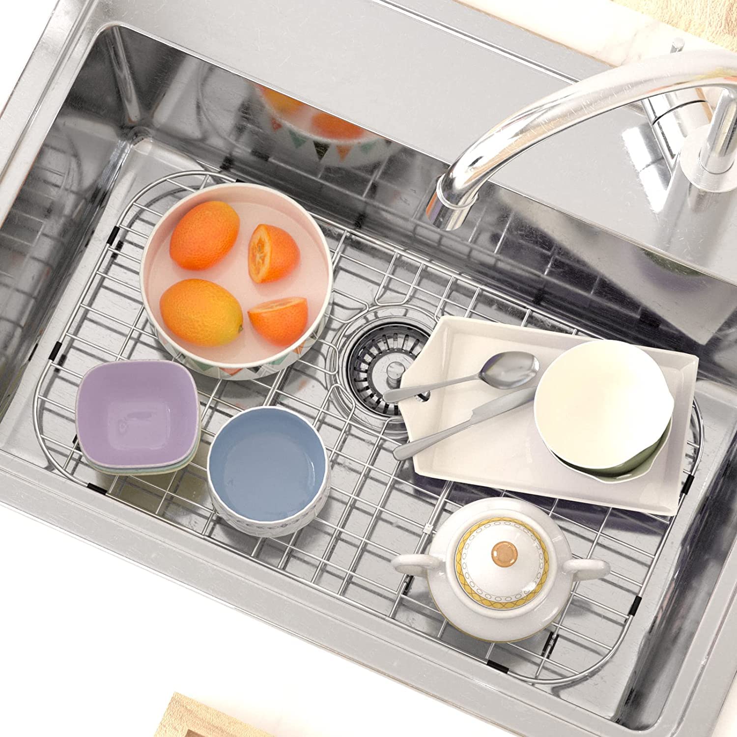 26 x 14 Inch Stainless Steel Kitchen Sink Grid Protector with Rear Drain, Durable Sink Rack for Single Bowl, Ideal for Protecting Sink Bottom and Enhancing Kitchen Workflow
