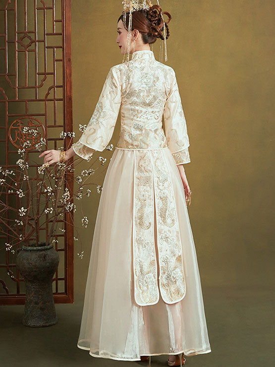 Elegant Champagne Embroidered Wedding Qun Kwa & Skirt - Traditional Chinese Bridal Dress for Summer Weddings, Tea Ceremonies & Special Occasions