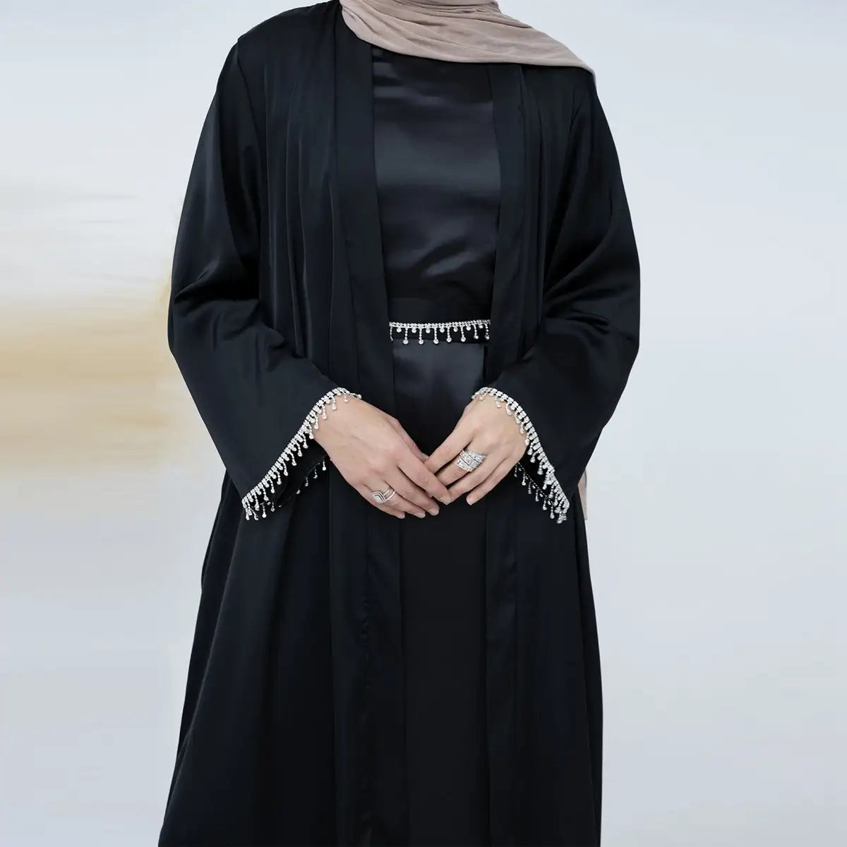 Elegant 2-Piece Modest Fashion Set - Crystal Belt Open Abaya with Sleeveless Inner Dress | Perfect for Eid, Ramadan & Special Occasions