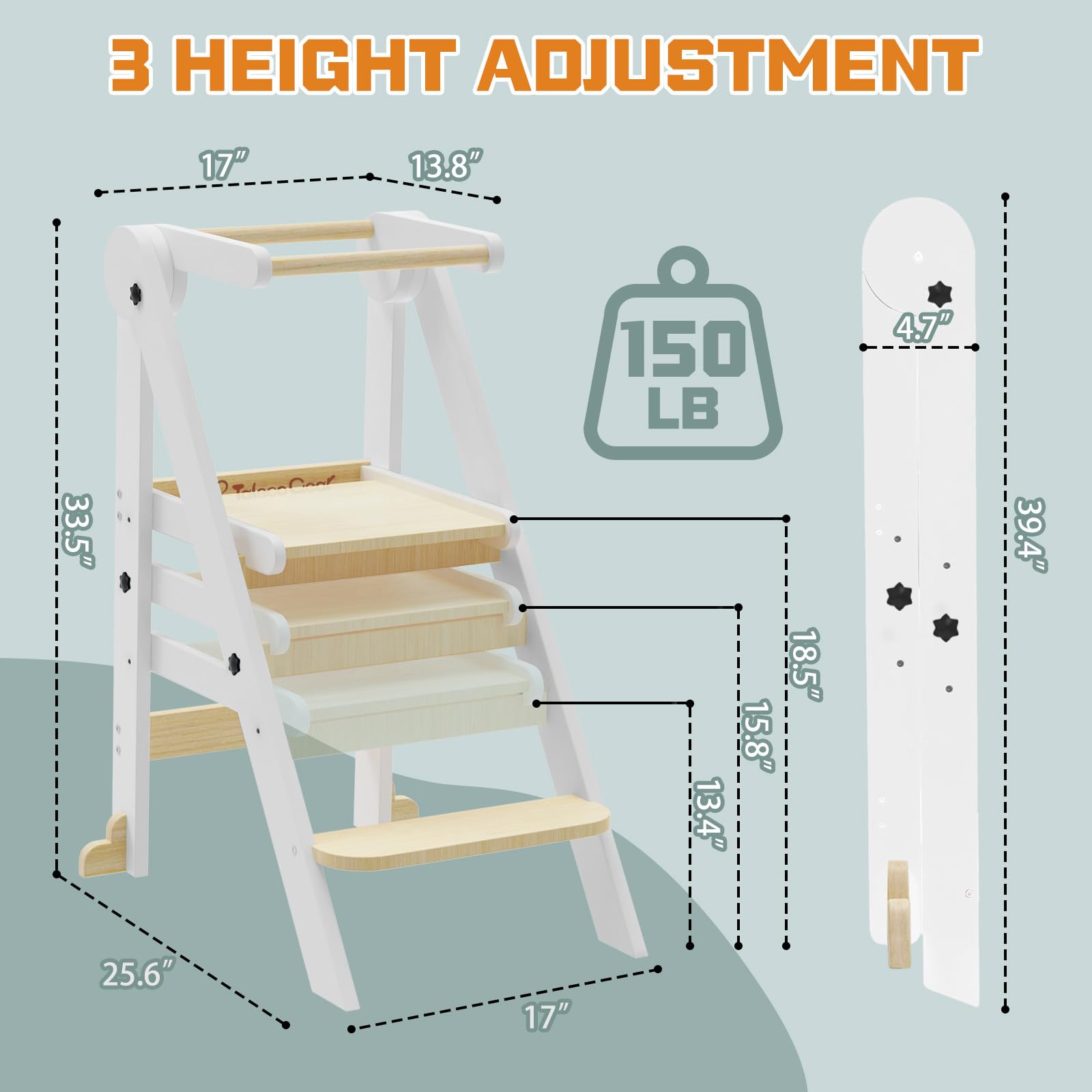 Taleco Gear Foldable Toddler Kitchen Stool Helper - 3 Adjustable Height Wooden Learning Tower for Kids | Collapsible Step Stool for Bathroom & Kitchen Safety (Natural Wood) | Perfect Montessori Helper for Baking, Washing Hands & Countertop Access