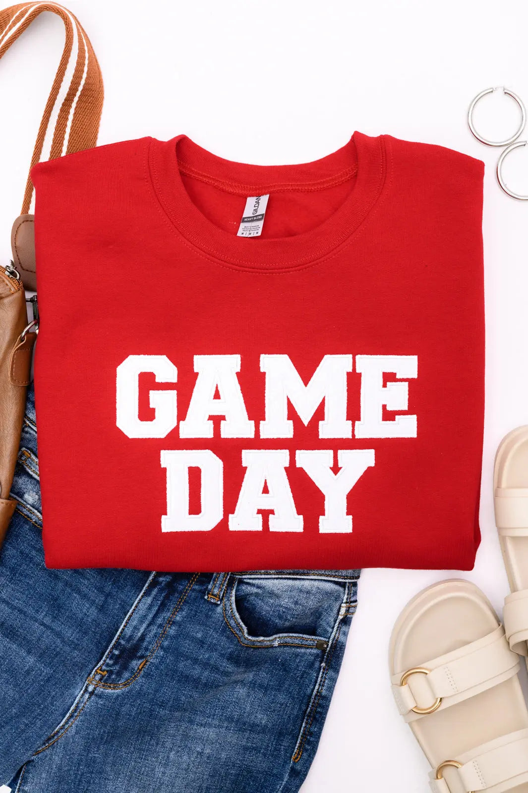 PREORDER: Embroidered Glitter Game Day Sweatshirt - Red & White Team Colors - Perfect for Football Tailgates, College Sports Events & Fan Apparel