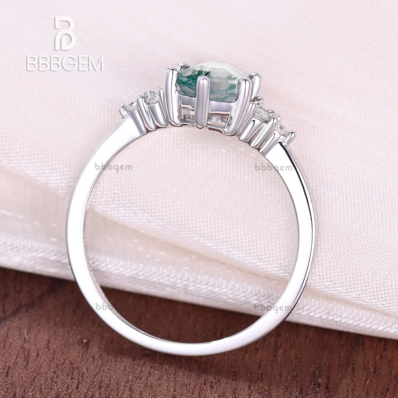 Long Hexagon Cut Moss Agate Engagement Ring with Cluster Diamond Accents - Green Crystal Elongated White Gold Wedding Band for Women | Perfect for Proposals, Anniversaries & Romantic Occasions