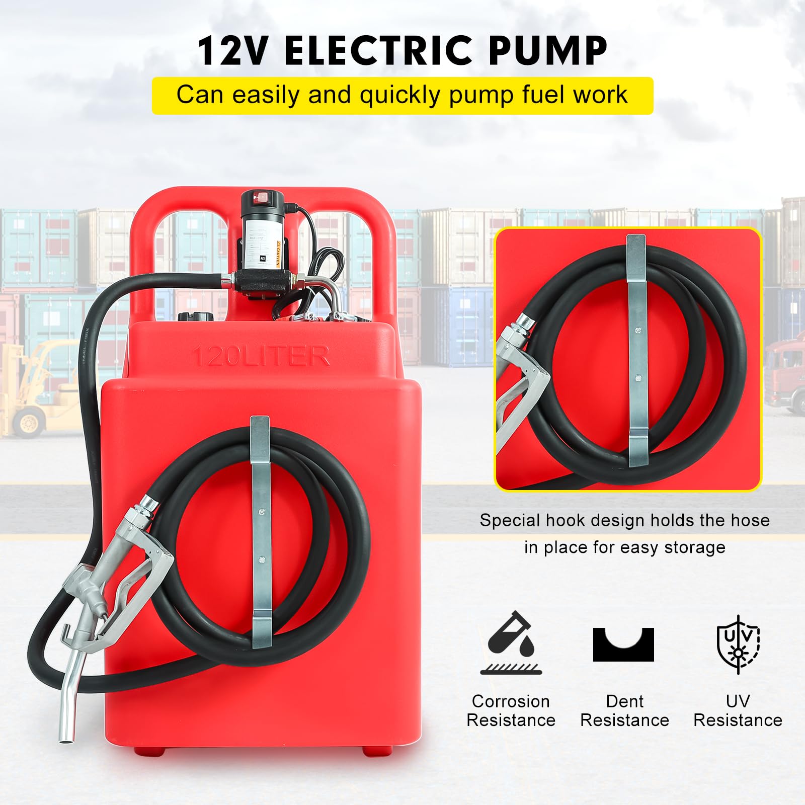 32 Gallon (120L) Heavy Duty Portable Diesel Fuel Tank with 12V Electric Pump (10 GPM) - Includes Sturdy Wheels, Top Handle, 13ft Hose & Oil Gun for Transport, Storage & Refueling Trucks, Equipment & Generators