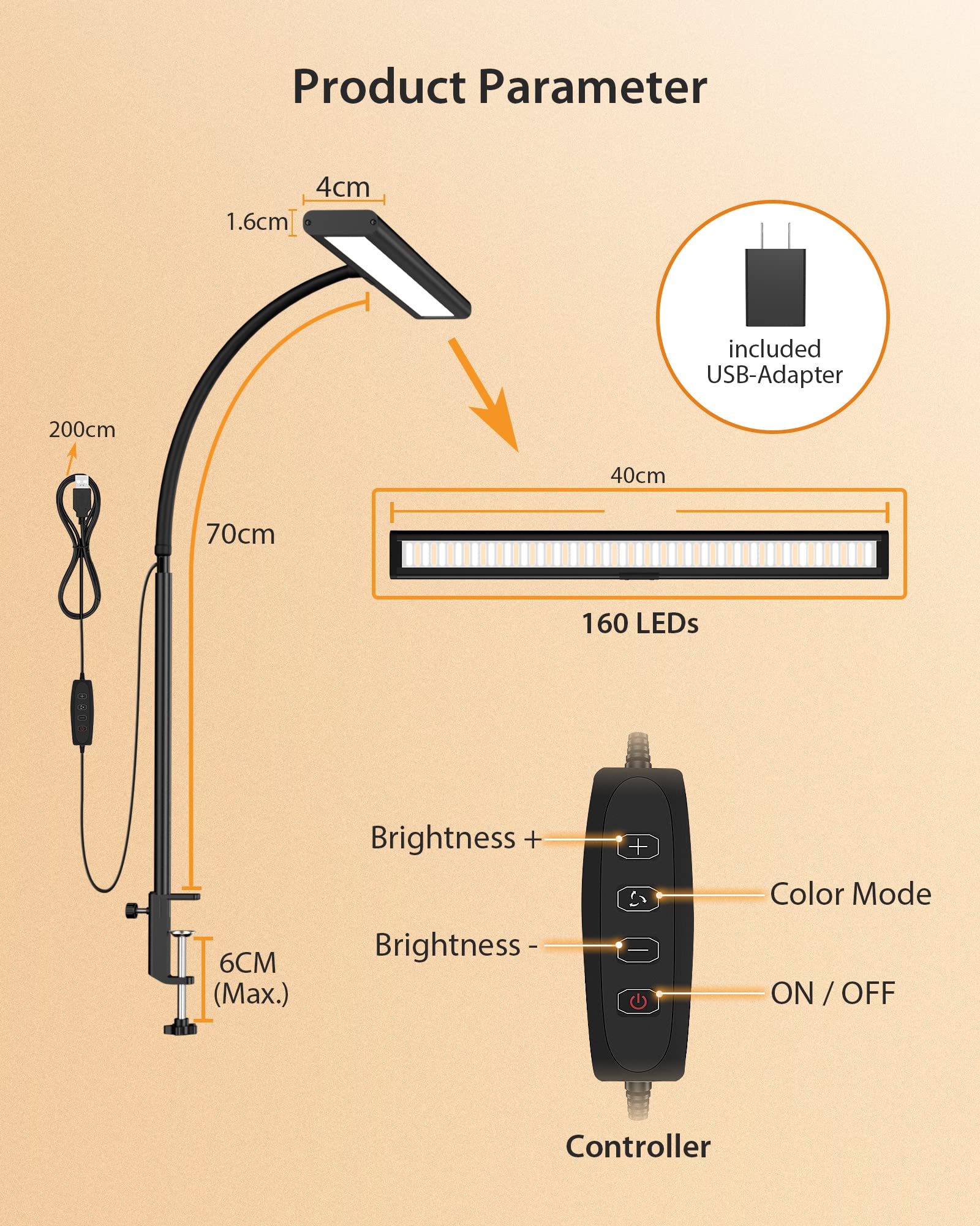 3-Color 10-Brightness Dimmable LED Desk Lamp with USB & Clamp - 160 Eye-Caring LEDs for Home Office, Video Conference, Workbench, Drafting, Crafting, Drawing & Reading
