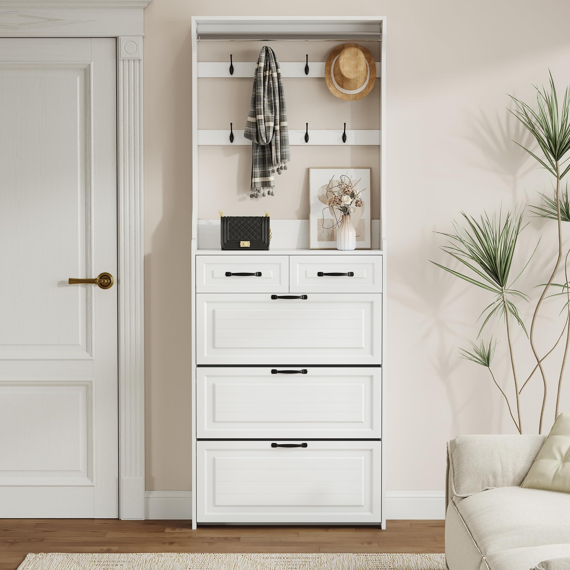Olela Slim Shoe Cabinet for Entryway - Narrow Hidden Shoe Rack Organizer with Open Shelves, 8 Hooks & 3 Flip Drawers - Freestanding Storage for Hallway, Closet or Bedroom - Perfect for Small Spaces & Apartment Living