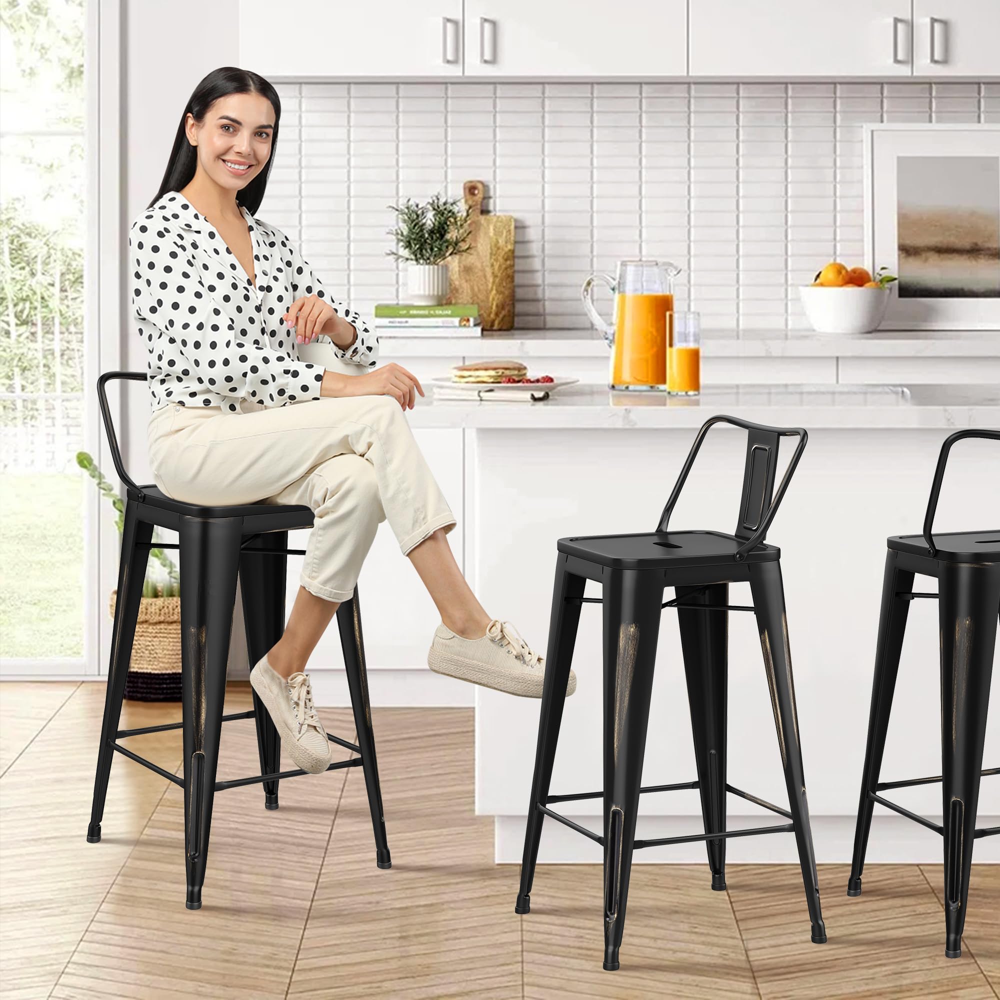 30 Inch Metal Bar Stools Set of 4 - Industrial Style Bar Height Stools with Backs, Distressed Gold Finish - Perfect for Kitchen Island, Home Bar, Restaurant & Outdoor Patio Use