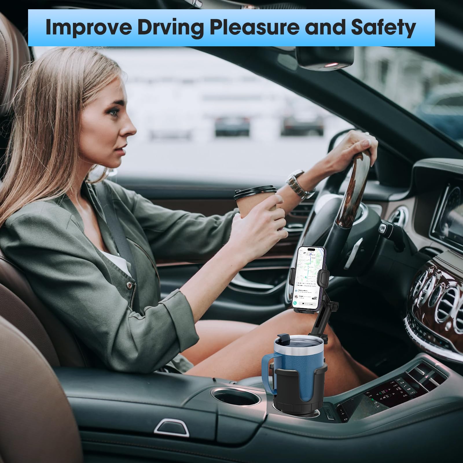 Best Car Cup Holder Phone Mount with Expandable Base - Universal 2-in-1 Phone Holder & Cup Expander Adapter for 10-40oz Bottles & Mugs - Fits All Smartphones - Perfect for Road Trips, Commuting & Hands-Free Driving