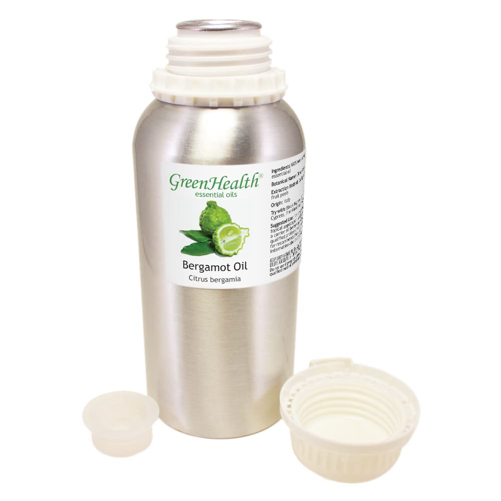 Bergamot Essential Oil 16 fl oz (Pack of 2) - 100% Pure Therapeutic Grade - Aluminum Bottle for Aromatherapy, Diffuser & Massage - GreenHealth - Perfect for Stress Relief & Mood Enhancement