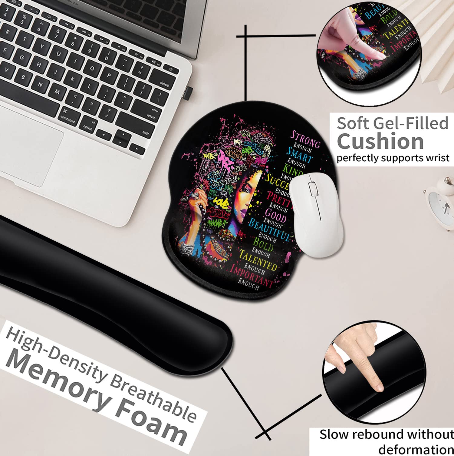 Ergonomic Mouse Pad with Wrist Support Gel - Comfortable Wireless Mouse Pad for Pain Relief, Non-Slip Rubber Base - Inspirational Office Accessories for African American Women - Perfect for Home & Office Workspaces