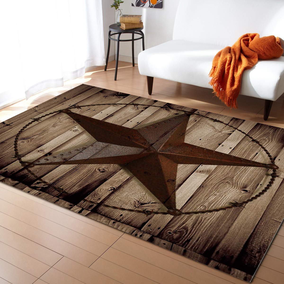 4' x 6' Vintage Brown Farmhouse Wood Grain Area Rug - Washable Indoor/Outdoor Carpet for Living Room, Bedroom, Bathroom, Kitchen & Hallway | Country Barn Stars Design | Perfect for Home Decor, Classroom & Kids Rooms