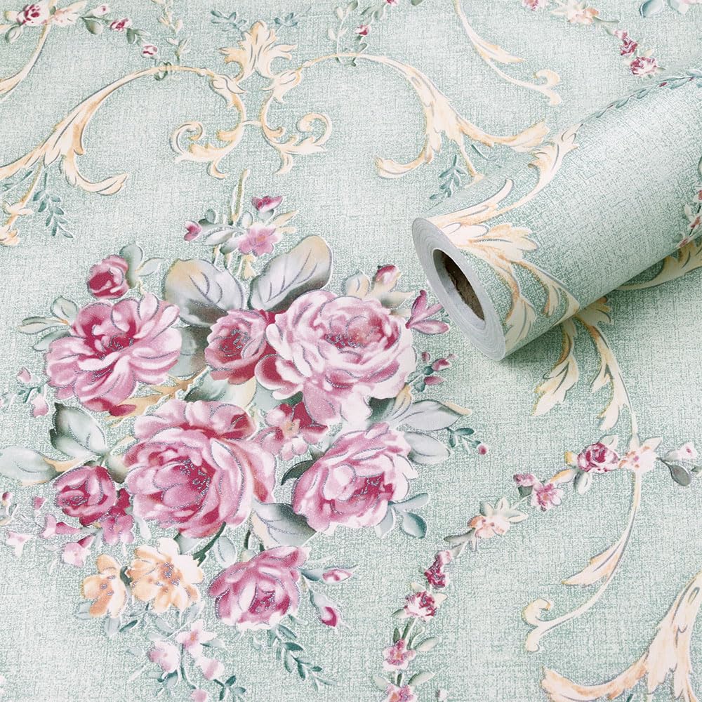 Vintage Green Rose Peel and Stick Wallpaper - Self Adhesive Floral Shelf Liner for Drawers, Dressers, Cabinets (17.8