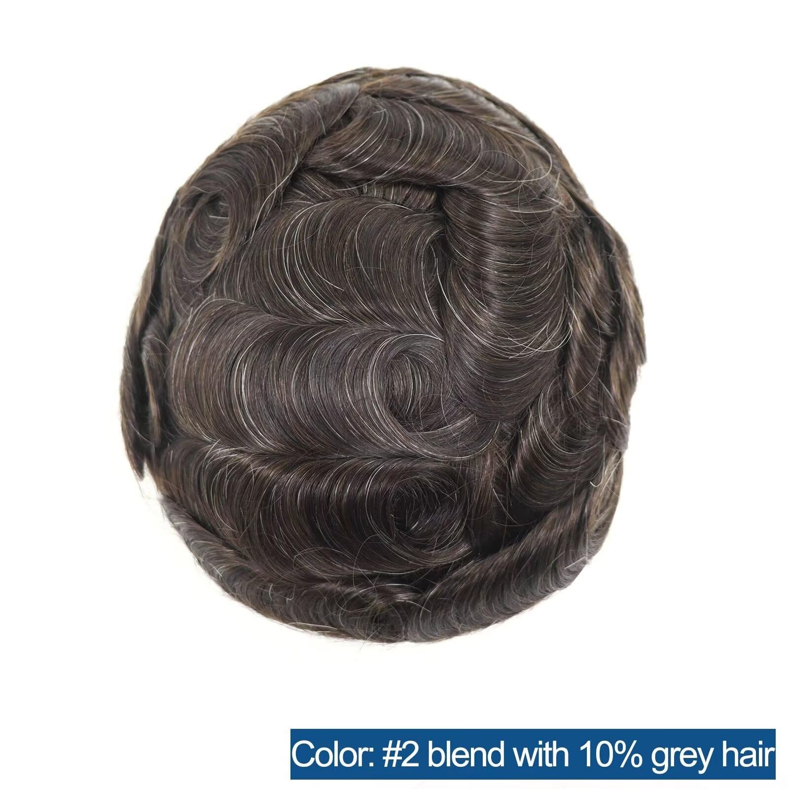 Premium Men's Toupee - 100% Indian Human Hair Replacement System with Swiss Lace Center & Poly Skin Edge - #2 Darkest Brown with 10% Grey (#210, 7X9 Inch) - Natural Looking Hairpiece for Thinning Hair & Baldness - Perfect for Daily Wear, Special Occasions & Confidence Boost