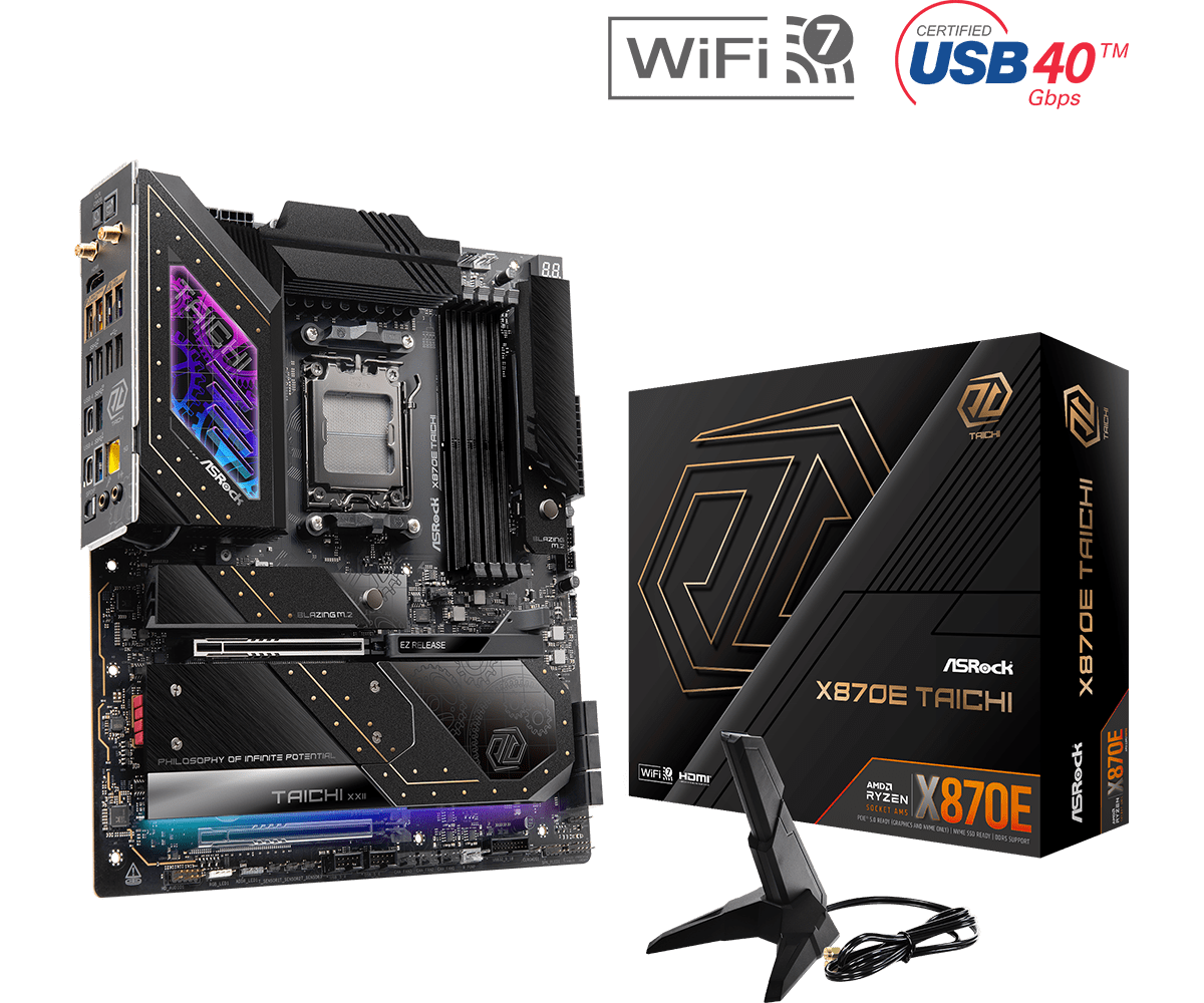 ASRock X870E Taichi AMD Ryzen DDR5 WiFi 7 Gaming Motherboard - AM5 Socket (90-MXBP90-A0UAYZ) for High-Performance PC Builds, Streaming & Content Creation