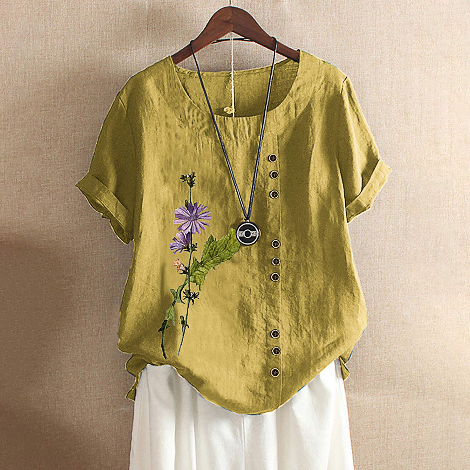 Women's Summer Floral Print Short Sleeve Tops - Cotton Linen Blend Casual Shirts, Loose Crew Neck Blouse, Plus Size T-Shirts for Women - Perfect for Beach Outings, Picnics, and Everyday Comfort Wear