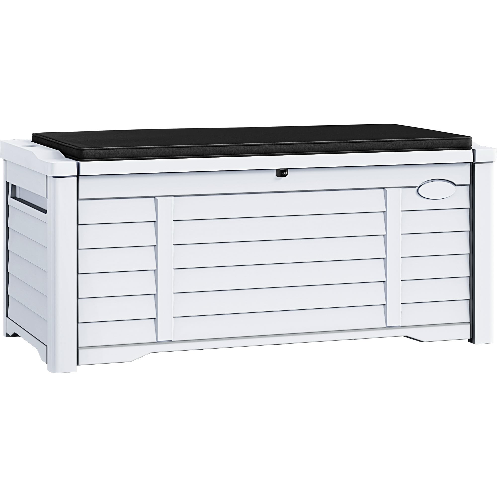 DWVO 120 Gallon Outdoor Louver Storage Deck Box with Seating Cushion - Large Waterproof Resin Deck Storage Box for Patio Furniture, Garden Tools, Pool Toys & Outdoor Accessories - Lockable Design (White) - Perfect for Backyard, Poolside & Deck Organization