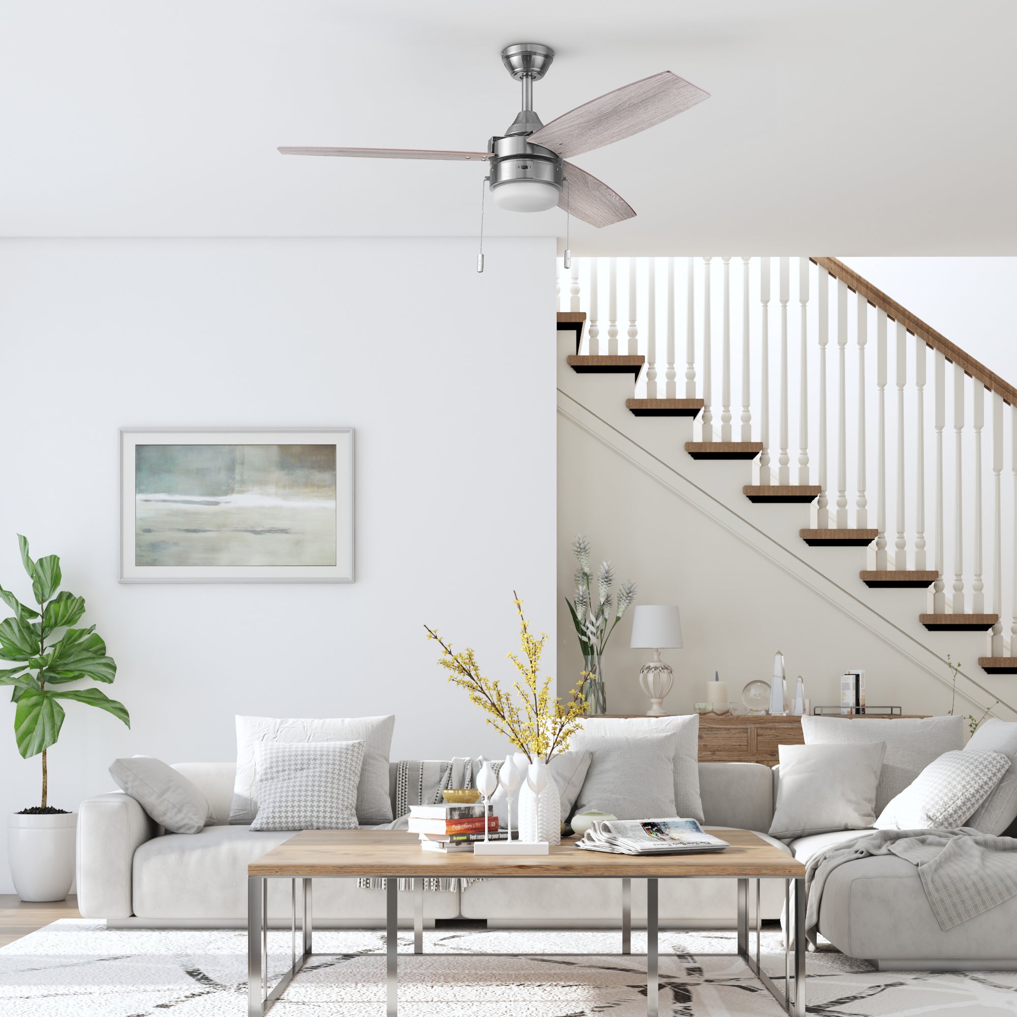 48 Inch Honeywell Berryhill Brushed Nickel Ceiling Fan with Light Kit and Pull Chain - Perfect for Living Room, Bedroom, and Outdoor Covered Patio