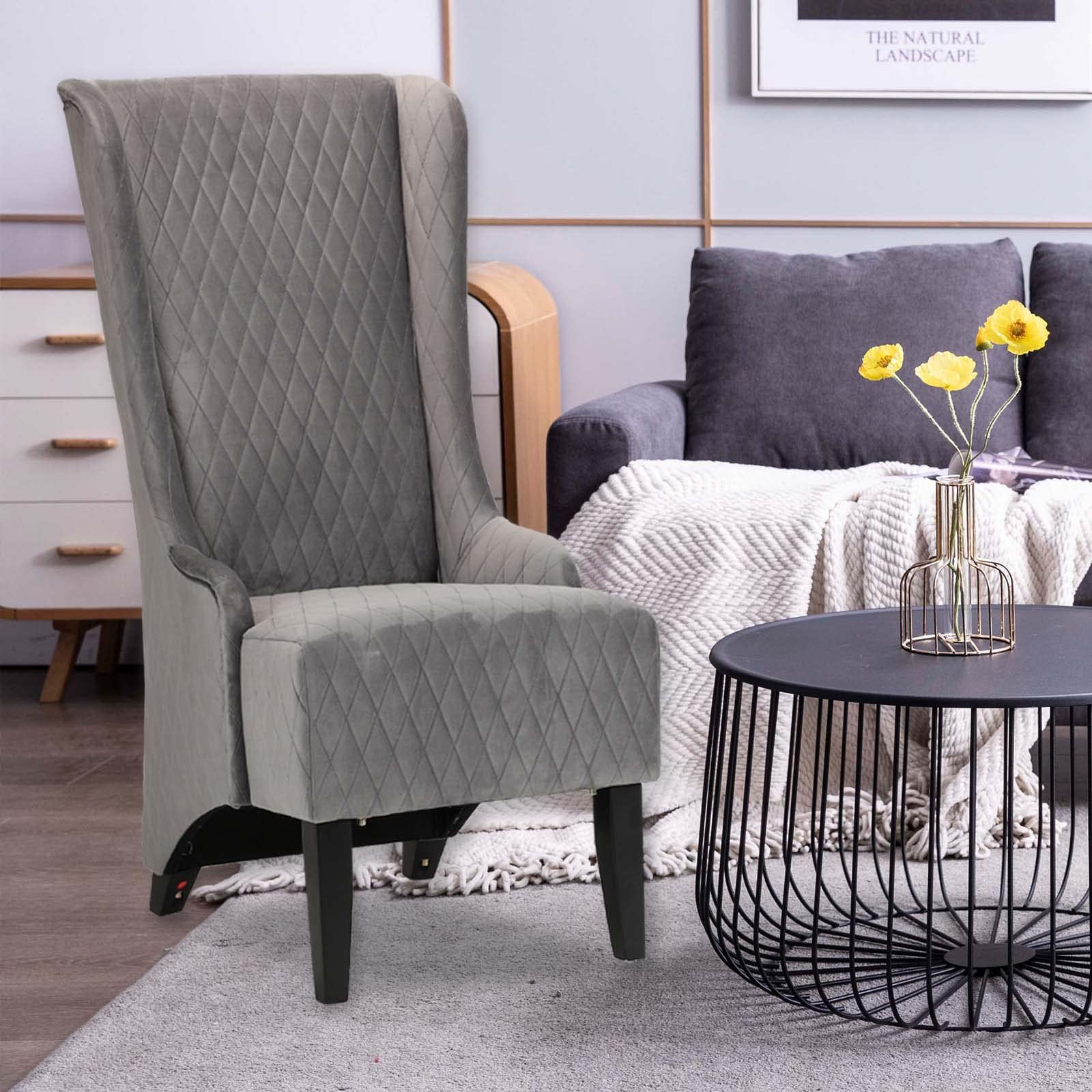 Luxury Velvet Wingback Accent Chair with Tufted Design & Solid Wood Legs - Modern Living Room Armchair for Home Office, Bedroom or Reading Nook - Grey Upholstered High Back Comfort Chair (Fabric Sofa Chair)