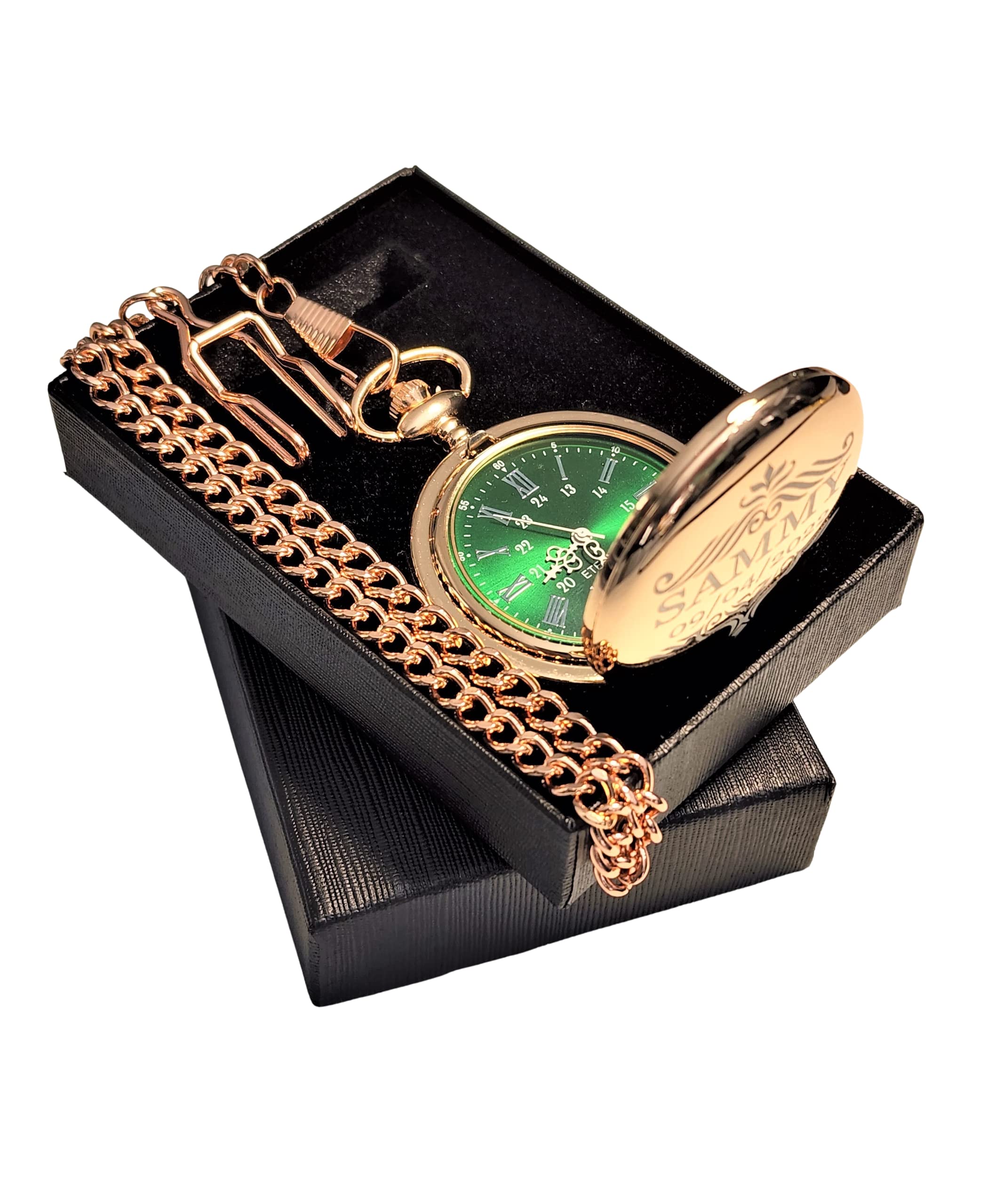 Personalized Vintage Engraved Pocket Watch with Green Dial & Roman Numerals - Includes Chain, Fitted Box & Custom Engraving - Perfect for Gifts, Weddings, and Antique Collectors (Black)