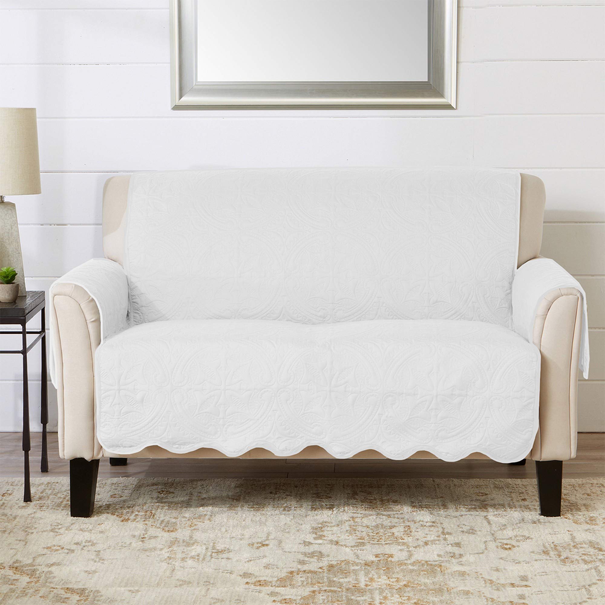 Great Bay Home Medallion Stitched Solid Furniture Protector - Stain Resistant, Durable Sofa Cover - Elenor Collection (Loveseat, White/Sand) - Perfect for Living Room, Bedroom & Pet Protection