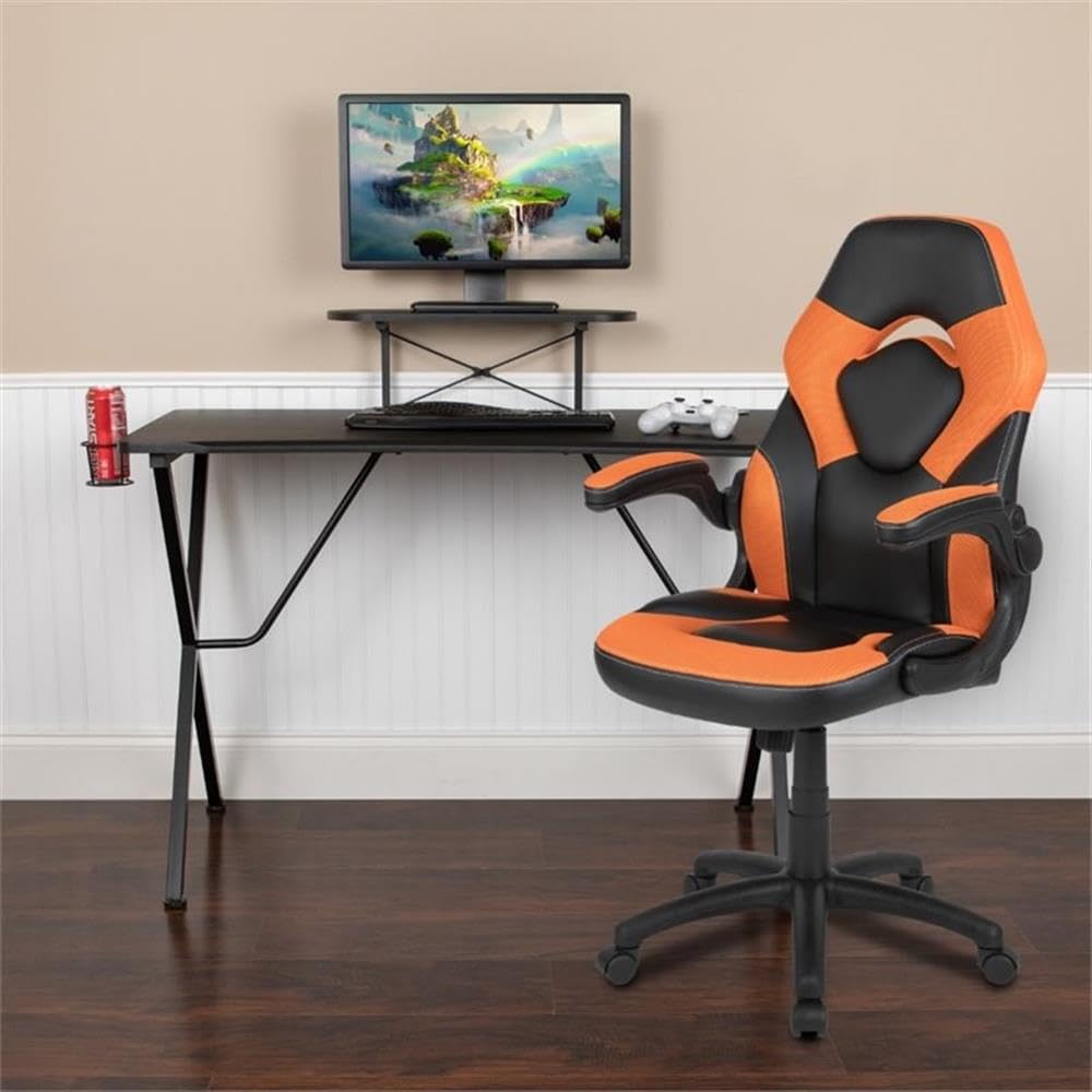 BOWERY HILL 2-Piece Gaming Desk Set with Monitor Stand - Black & Orange | Ergonomic Computer Workstation for Gamers & Streamers | Perfect for Home Office, Gaming Setup & Streaming Studio