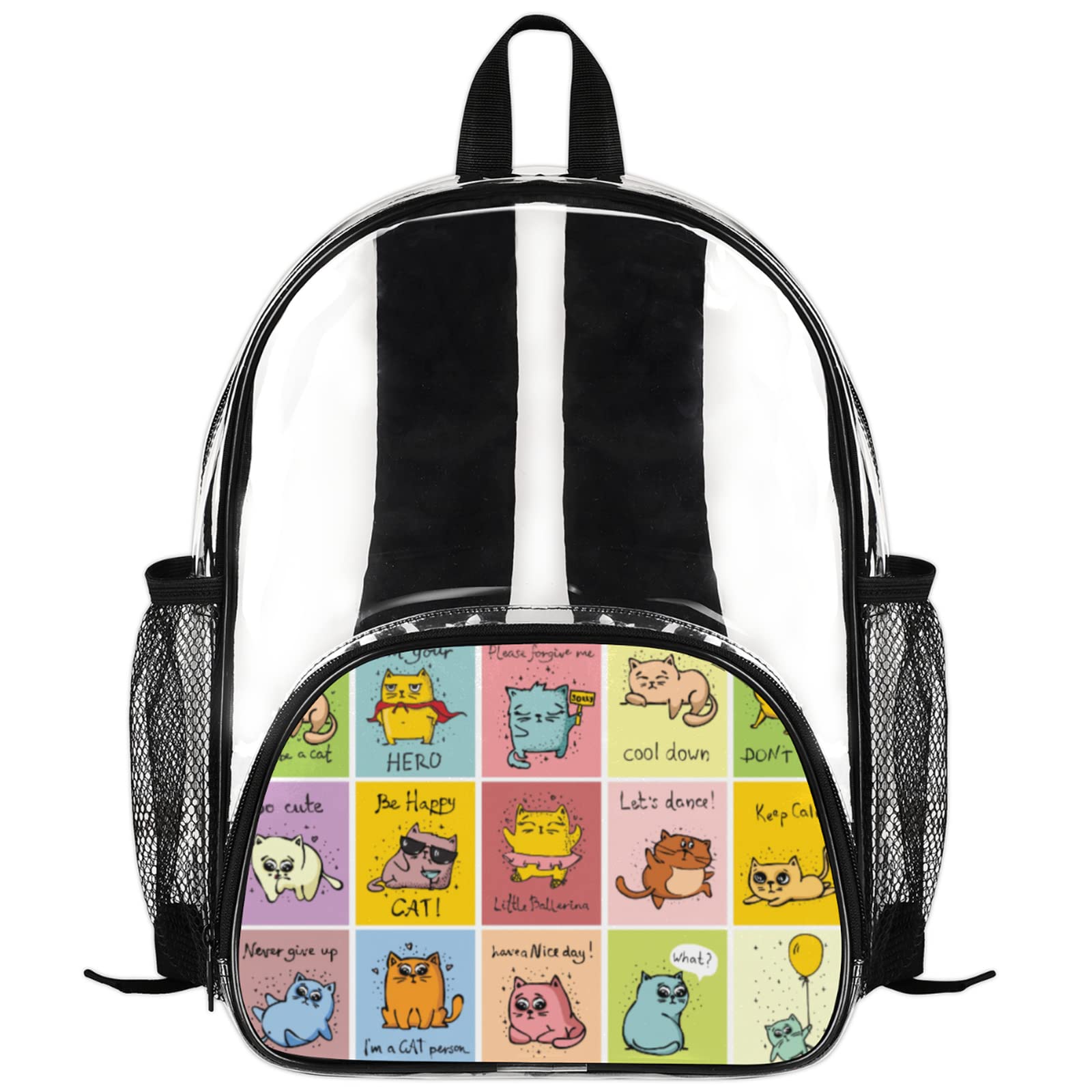 Clear Backpack with Cute Cartoon Cat Design - Heavy Duty PVC Transparent Backpack for Women, Men, Boys & Girls - Waterproof Lightweight School Bookbag for Stadium, Concert & Travel - See Through Backpack for Security Check & Everyday Use