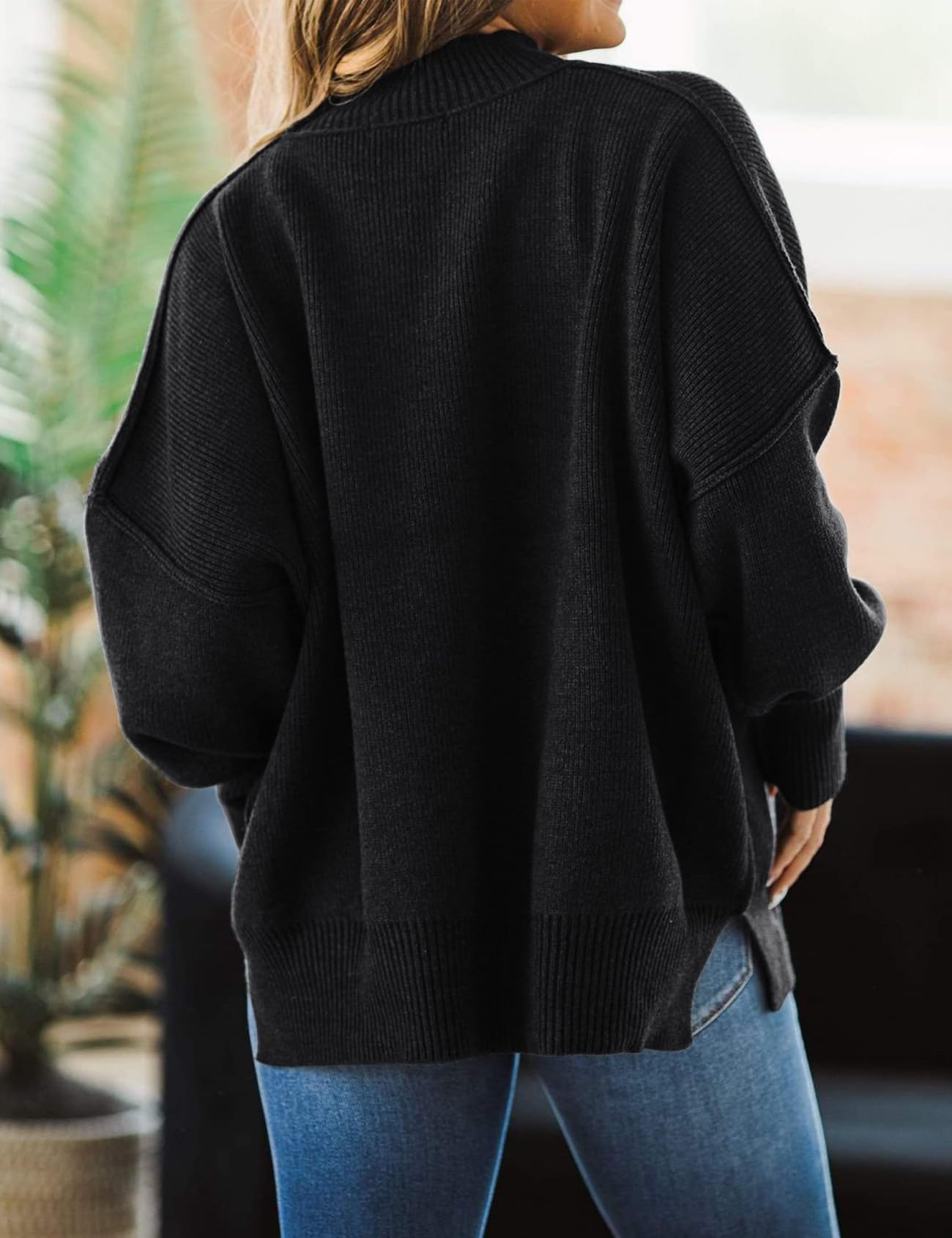 Women's Oversized Pullover Sweater - Batwing Sleeve, Crew Neck, Side Slit, Ribbed Knit Fall Top for Casual Wear & Cozy Outfits