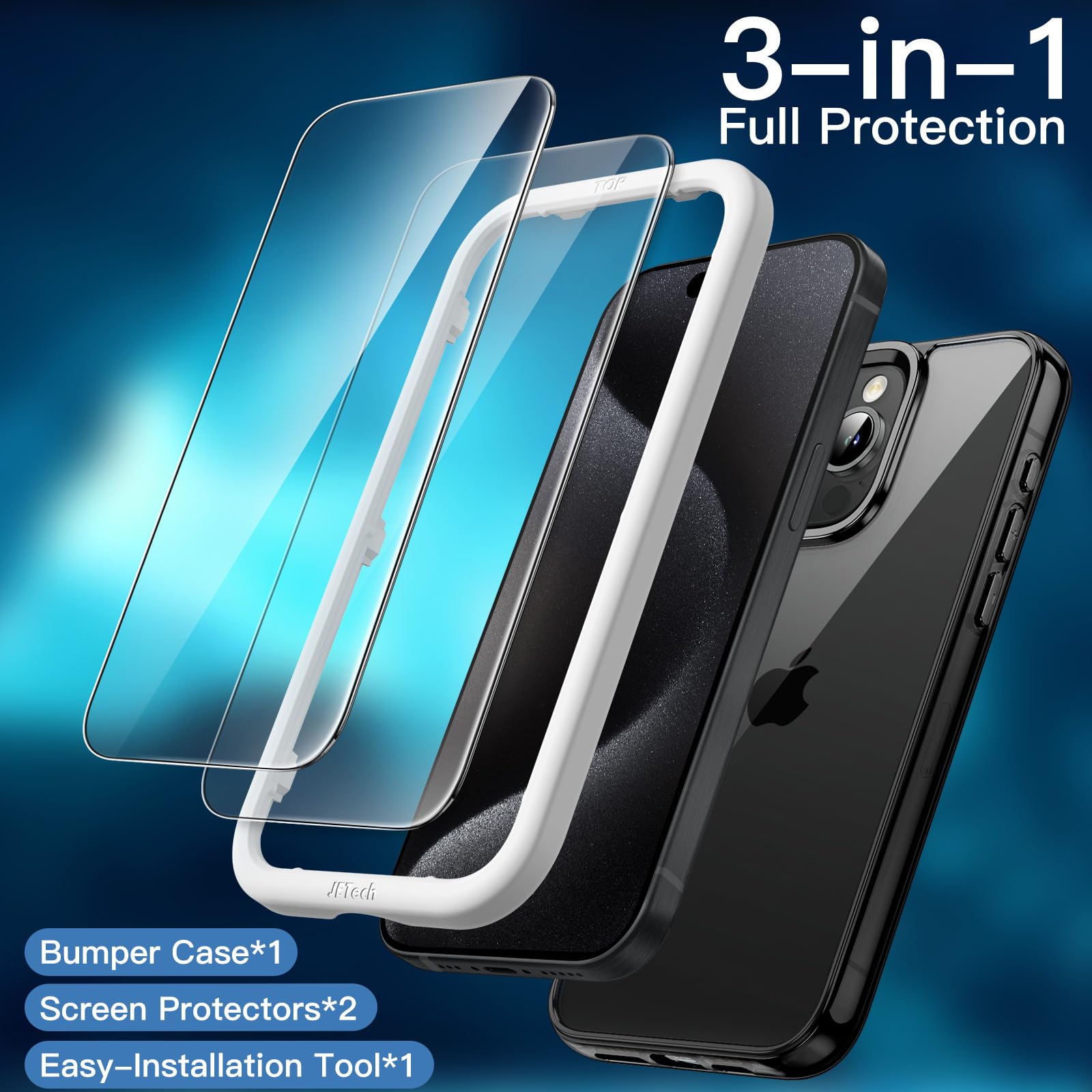 JETech 3 in 1 Protective Case for iPhone 15 Pro Max 6.7-Inch with 2 Pack Tempered Glass Screen Protectors - Shockproof, Anti-Yellowing Bumper Phone Cover (Black) | Perfect for Outdoor Activities, Travel & Daily Use