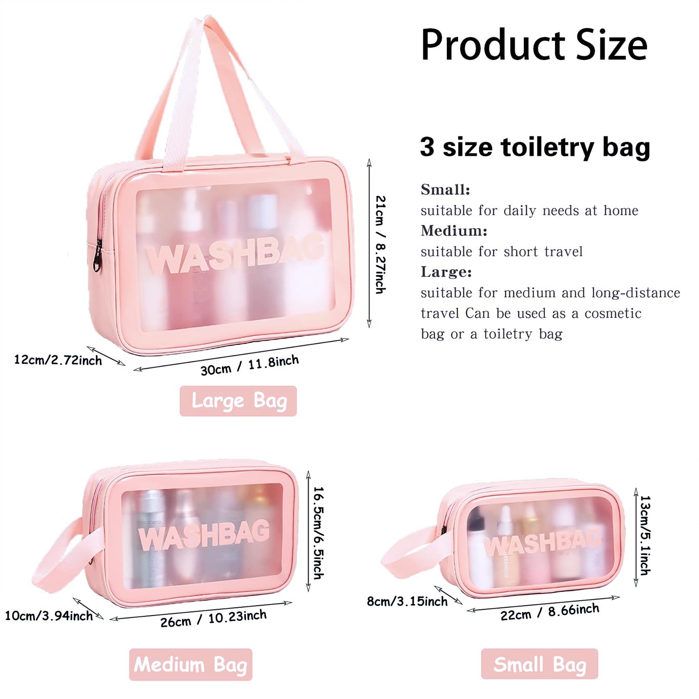 VAVSYL 3-Piece Clear Toiletry Bag Set for Women - Waterproof Travel Cosmetic Organizer, Makeup Pouch & Bathroom Essentials Bag - Perfect for Vacation, Gym, Business Trips & Daily Use (Pink)
