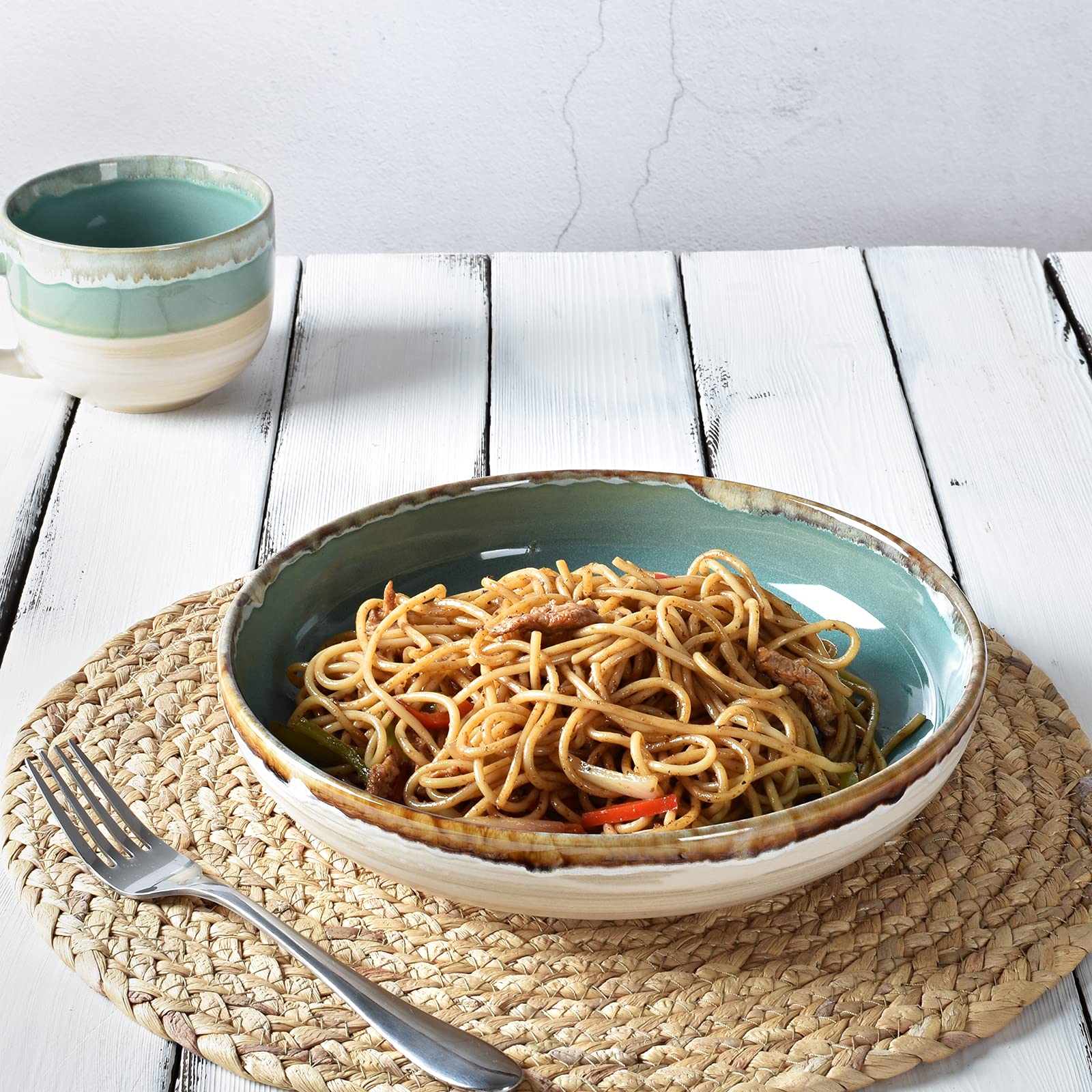Bosmarlin 40oz Stoneware Pasta Bowls Set of 4 - Large Microwave & Dishwasher Safe Salad Bowls for Pasta, Soup, Cereal - Turquoise Green 9.3 Inch Serving Dishes for Family Dinners & Entertaining