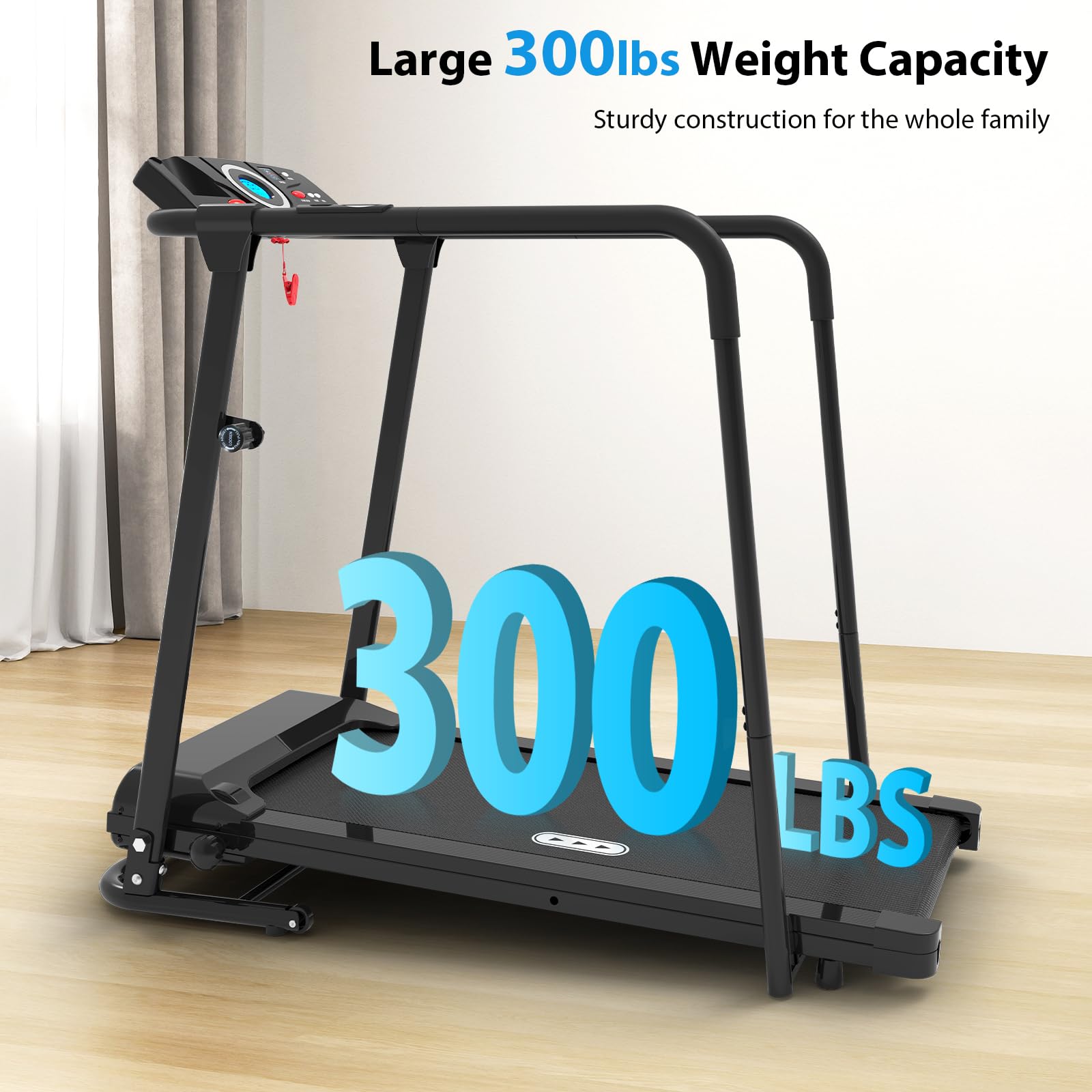 Foldable Walking Treadmill for Seniors - 300 lbs Weight Capacity with Long Safety Handrails & Heart Rate Monitor - Home Fitness Equipment for Elderly Recovery & Low-Impact Exercise - Perfect for Physical Therapy, Rehab & Gentle Cardio Workouts at Home