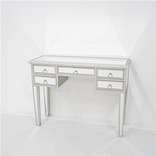 Silver Glass Finish Mirrored Writing Desk & Vanity Dressing Table for Women with Drawers - Elegant Makeup Table, Study Desk & Media Console for Bedroom, Office & Dressing Room