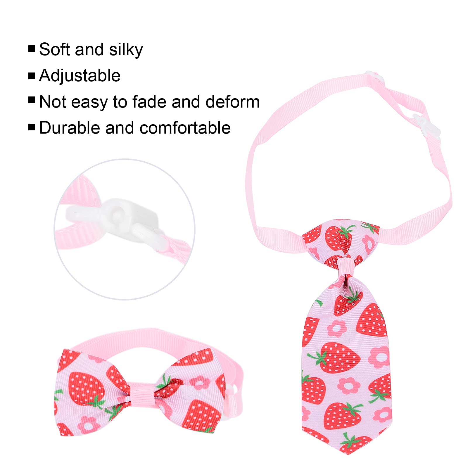 Adjustable Pet Bow Ties Set for Small Dogs & Cats - Strawberry Print & Patriotic Dog Neckties - Spring Assorted Mini Pet Accessories for Parties, Weddings & Photo Shoots