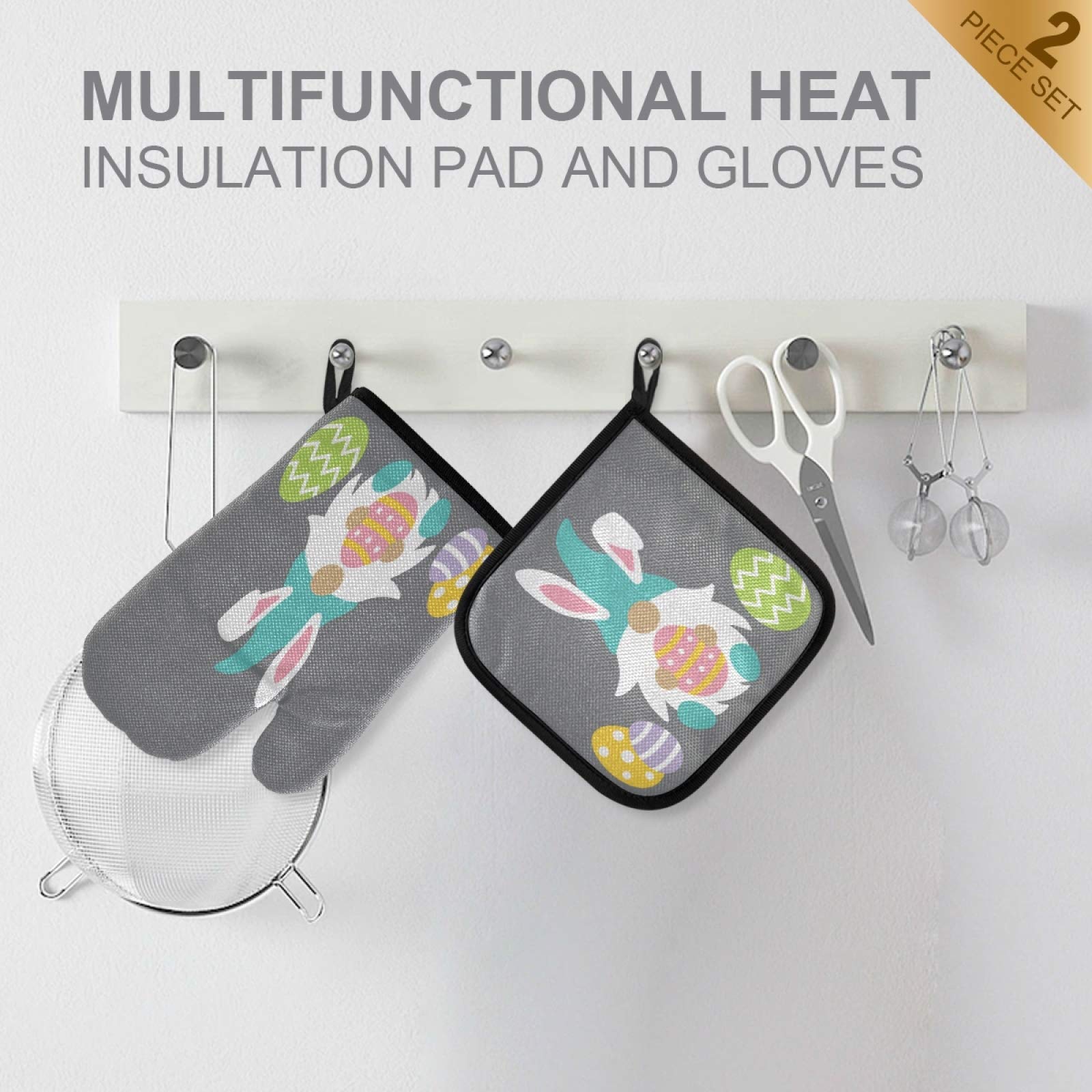 Cute Bunny Gnome Oven Mitts and Pot Holders Set - Heat Resistant Kitchen Gloves for Baking, Cooking & BBQ - Easter Home Decor & Gift Idea
