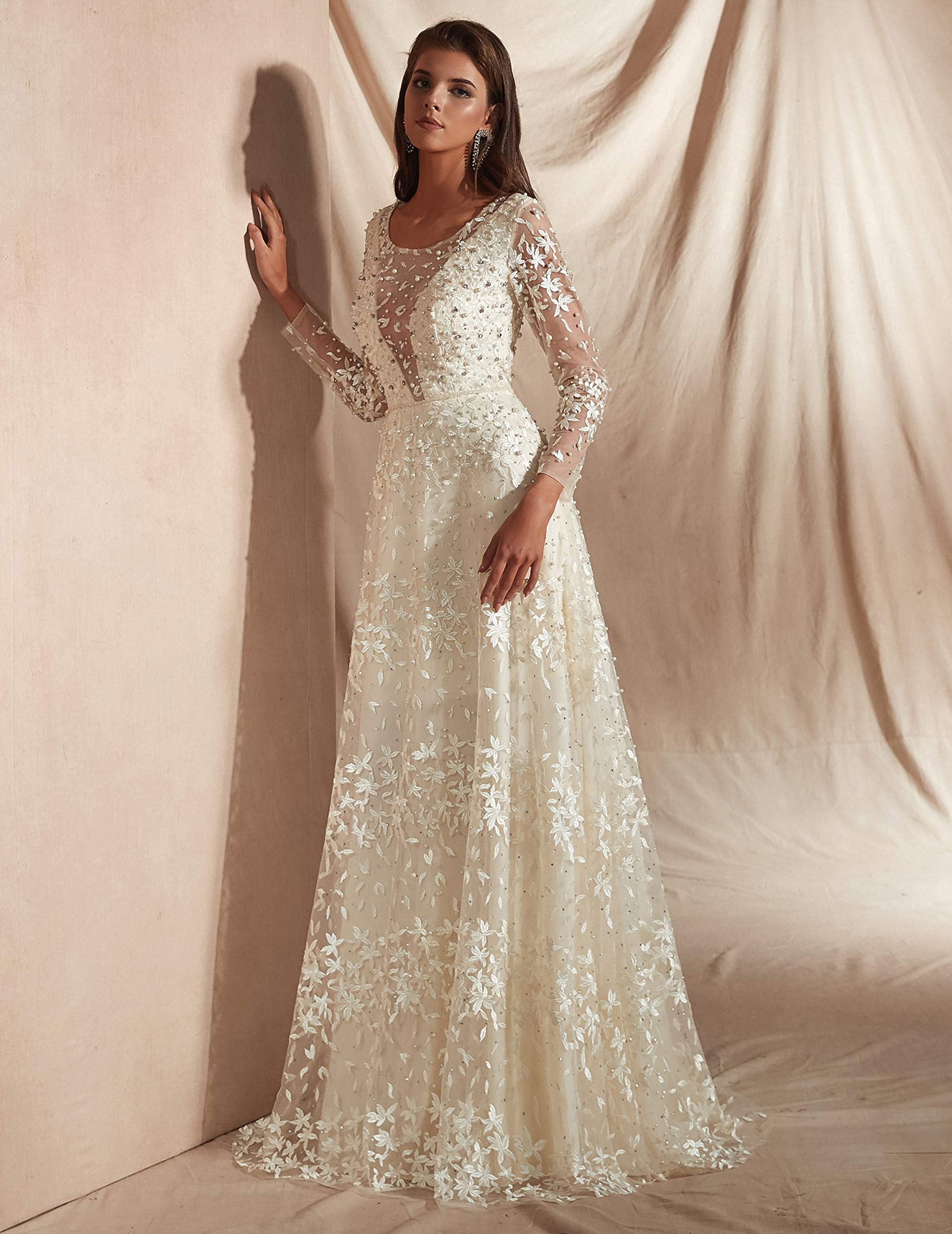 Elegant Beaded Long Sleeve Lace Applique Tulle Wedding Dress for Women - Perfect for Bridal, Formal Events & Romantic Photoshoots