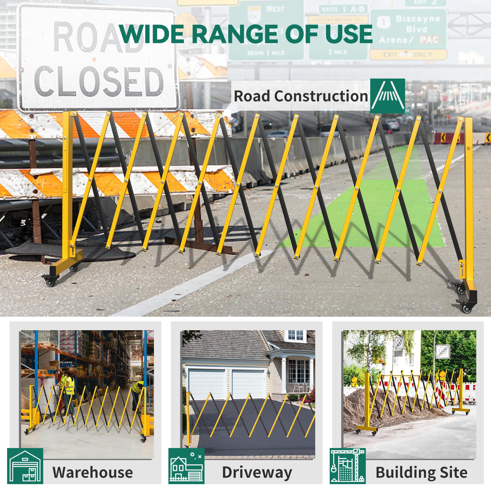 YITAHOME 11FT Expandable Metal Barricade Gate - Heavy Duty Folding Security Gate with Wheels for Driveway, Warehouse, and Outdoor Safety Protection | Industrial Grade Mobile Barrier for Construction Sites, Events, and Crowd Control