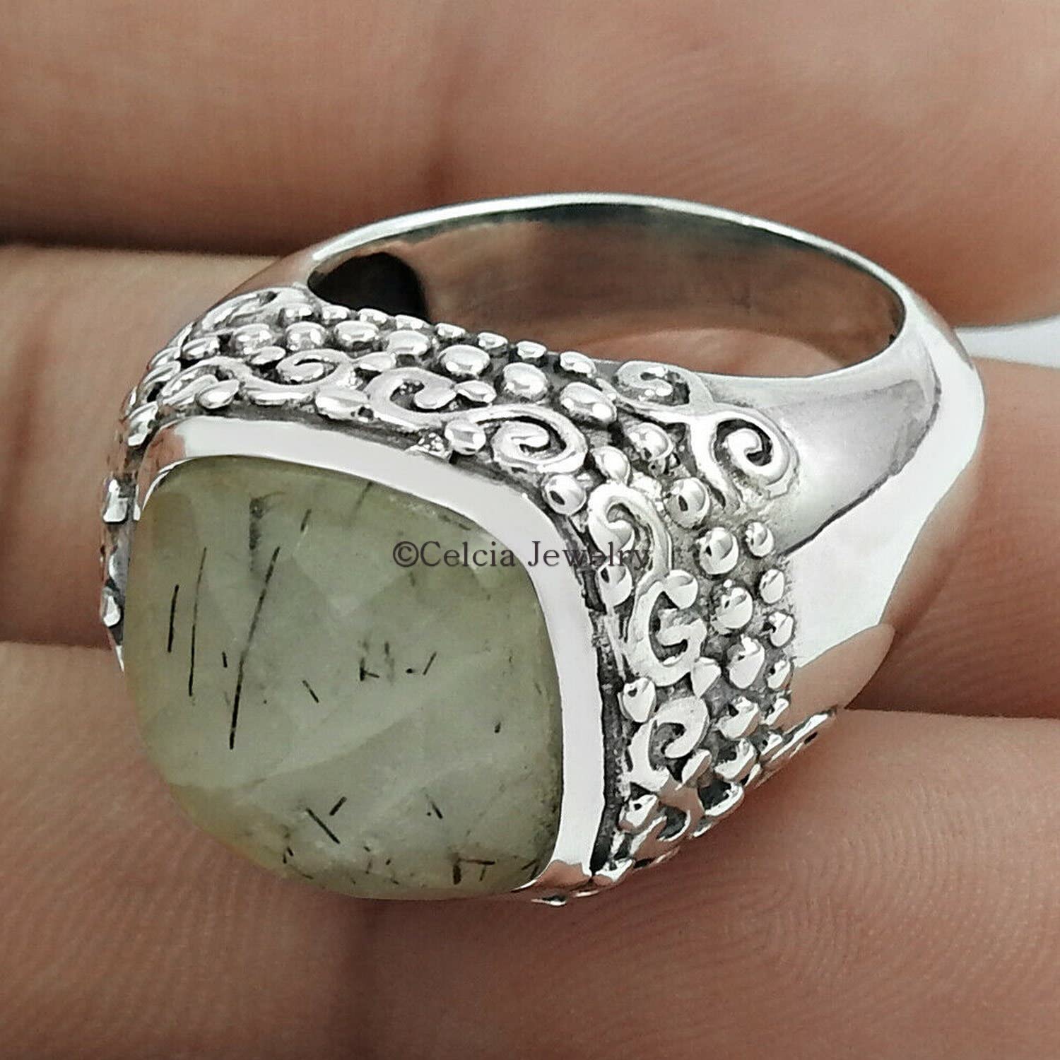 Natural Black Rutile Wedding Band for Men - 925 Sterling Silver Signet Ring - Unique Proposal, Birthday & Father's Day Gift for Husband - Size 9 - Perfect for Engagements, Anniversaries & Special Occasions