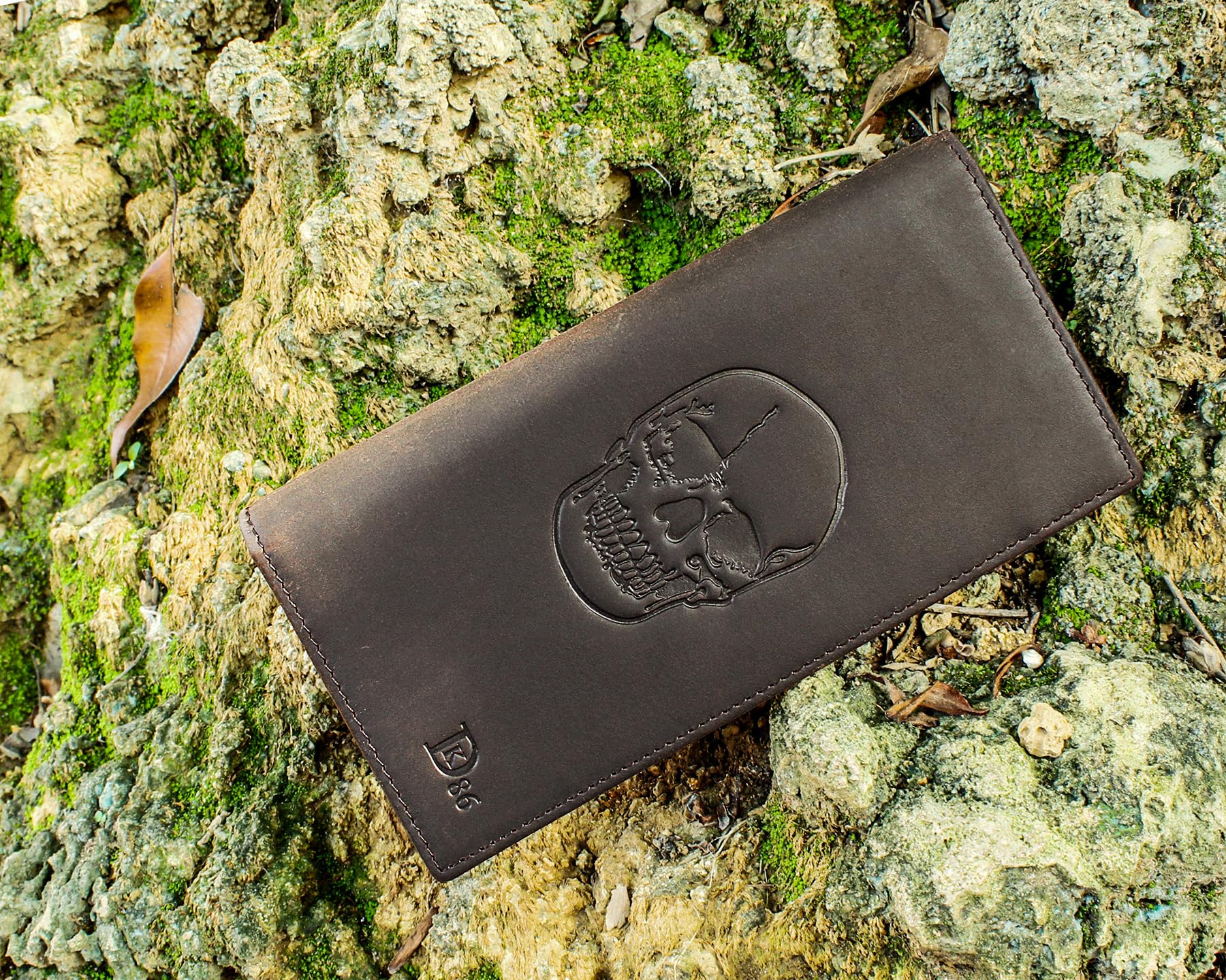 DK86 Skull Long Wallet for Men - Premium Full Grain Leather RFID Blocking Bifold Wallet - Rodeo & Gothic Style - Coffee Brown - Perfect for Everyday Use, Travel & Gift Giving