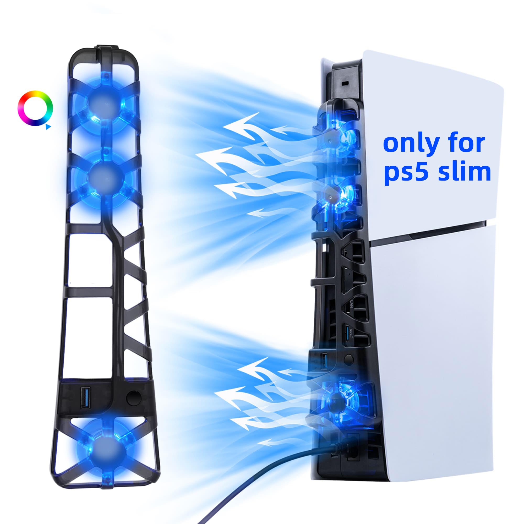 RGB Cooling Fan for PS5 Slim - 3 Fast Cooling Fans with Intelligent Temperature Control, Compatible with PS5 Slim DE/UHD (Not for PS5/PS5 Pro) - Perfect for Gaming Sessions and Overheating Prevention