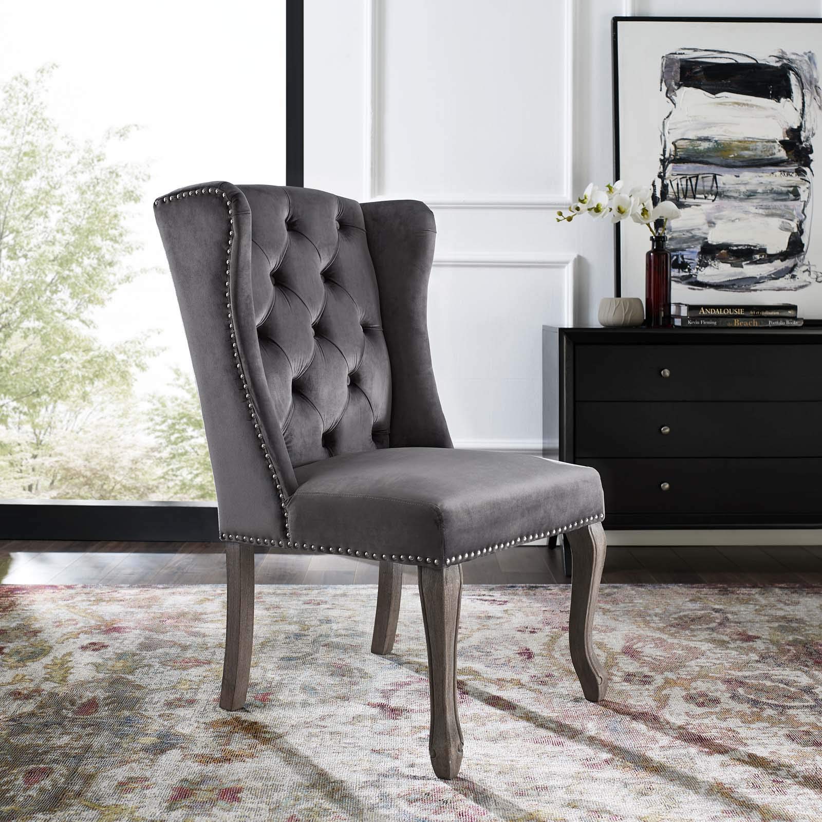 Modway Apprise French Vintage Tufted Performance Velvet Accent Dining Chair in Gray - Elegant Seating for Dining Rooms, Living Rooms & Home Offices
