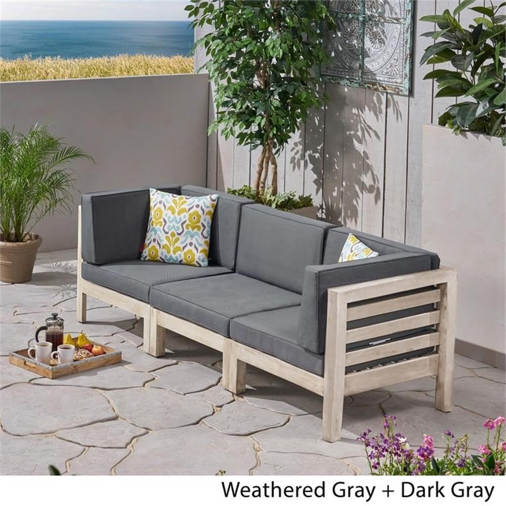 Noble House Oana Outdoor Acacia Wood Sofa with Weather-Resistant Cushions in Gray/Dark Gray - Perfect for Patio, Garden, and Poolside Relaxation