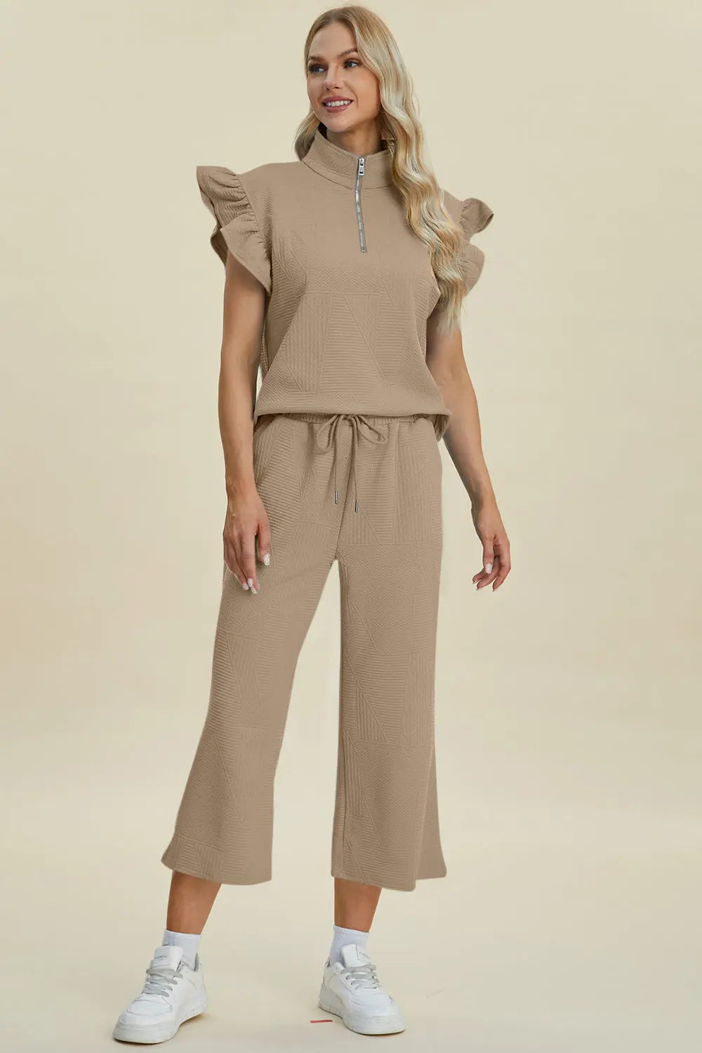 Double Take Women's Full Size Textured Ruffle Short Sleeve Top & Wide Leg Pants Set | Casual Outfit for Summer, Beach, Date Night & Office Wear