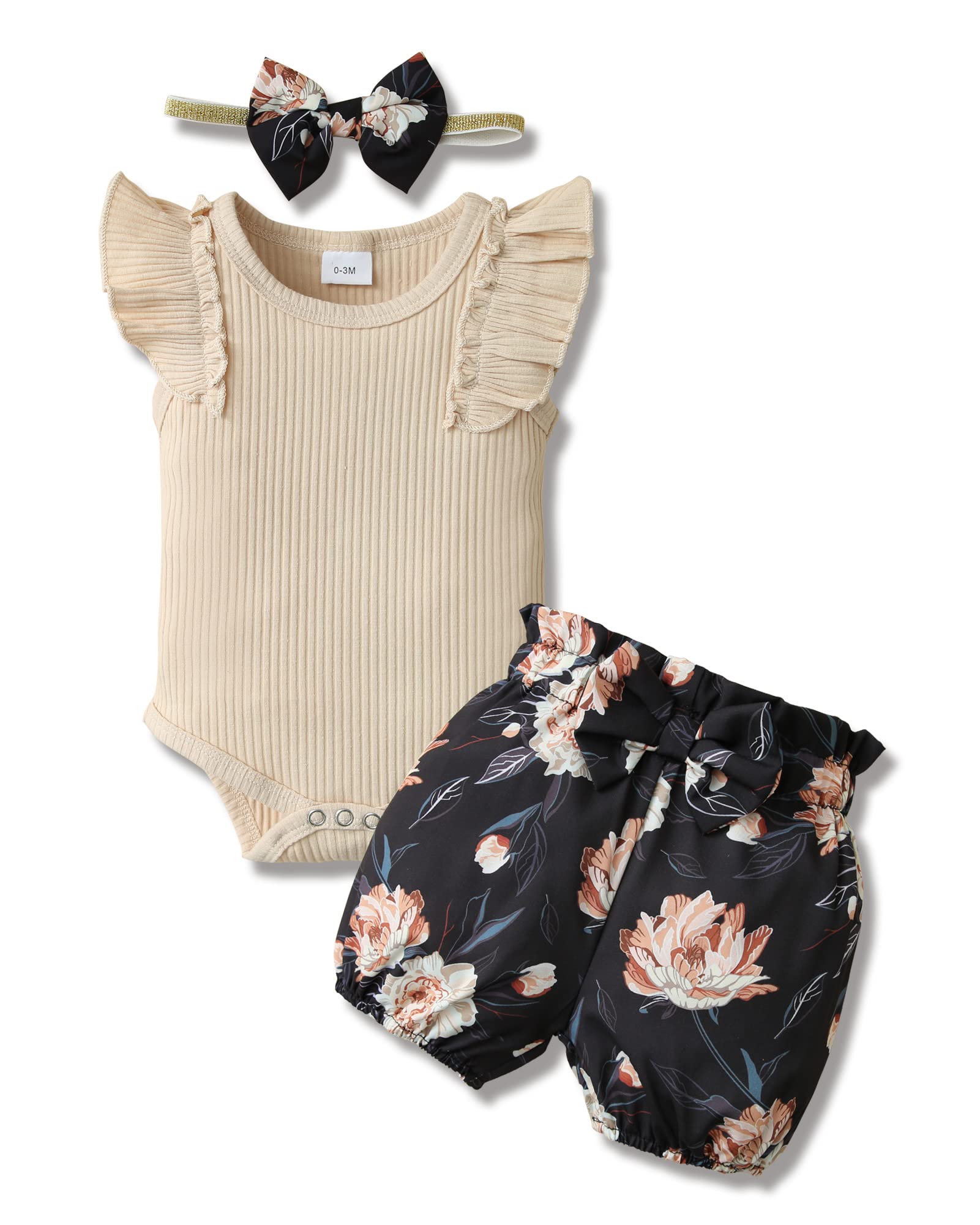 Baby Girl Summer Outfits Set - Newborn Infant Short Sleeve Romper + Floral Shorts + Headband | Cute Casual Wear for Photos, Parties & Daily Outings