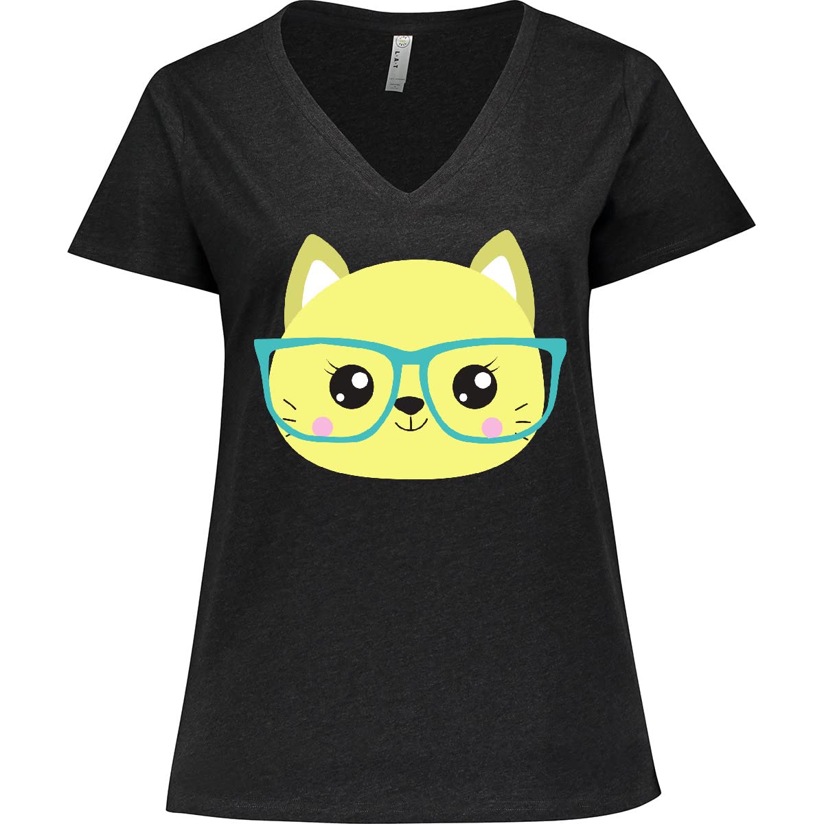 Inktastic Hipster Cat with Glasses - Cute Women's Plus Size V-Neck T-Shirt - Perfect for Casual Wear, Cat Lover Gifts & Themed Parties