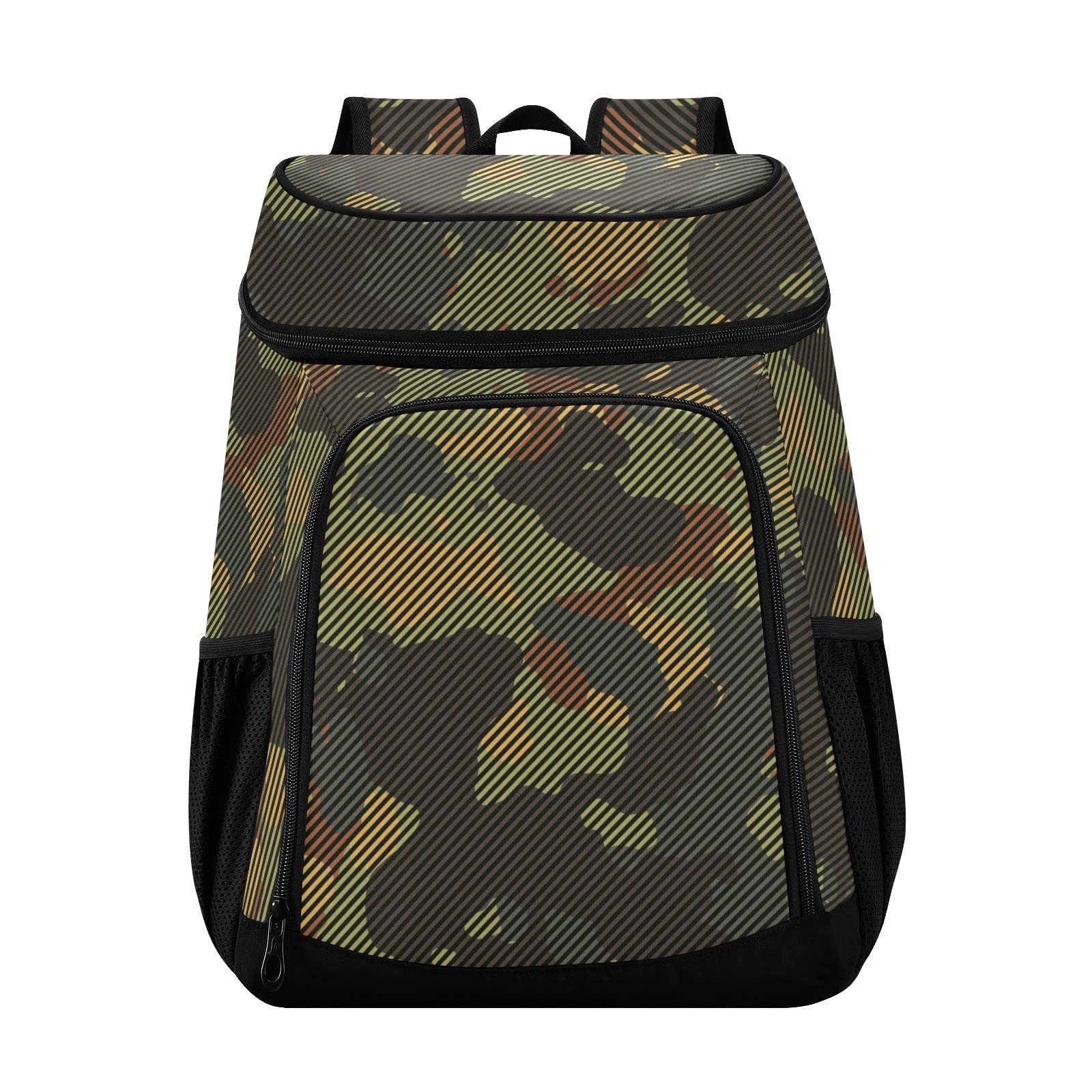 Waterproof Insulated Cooler Backpack - Green Brown Striped Camouflage Leak-Proof Soft Cooler Bag for Camping, Beach, Fishing & Work | Lunch Backpack for Men & Women