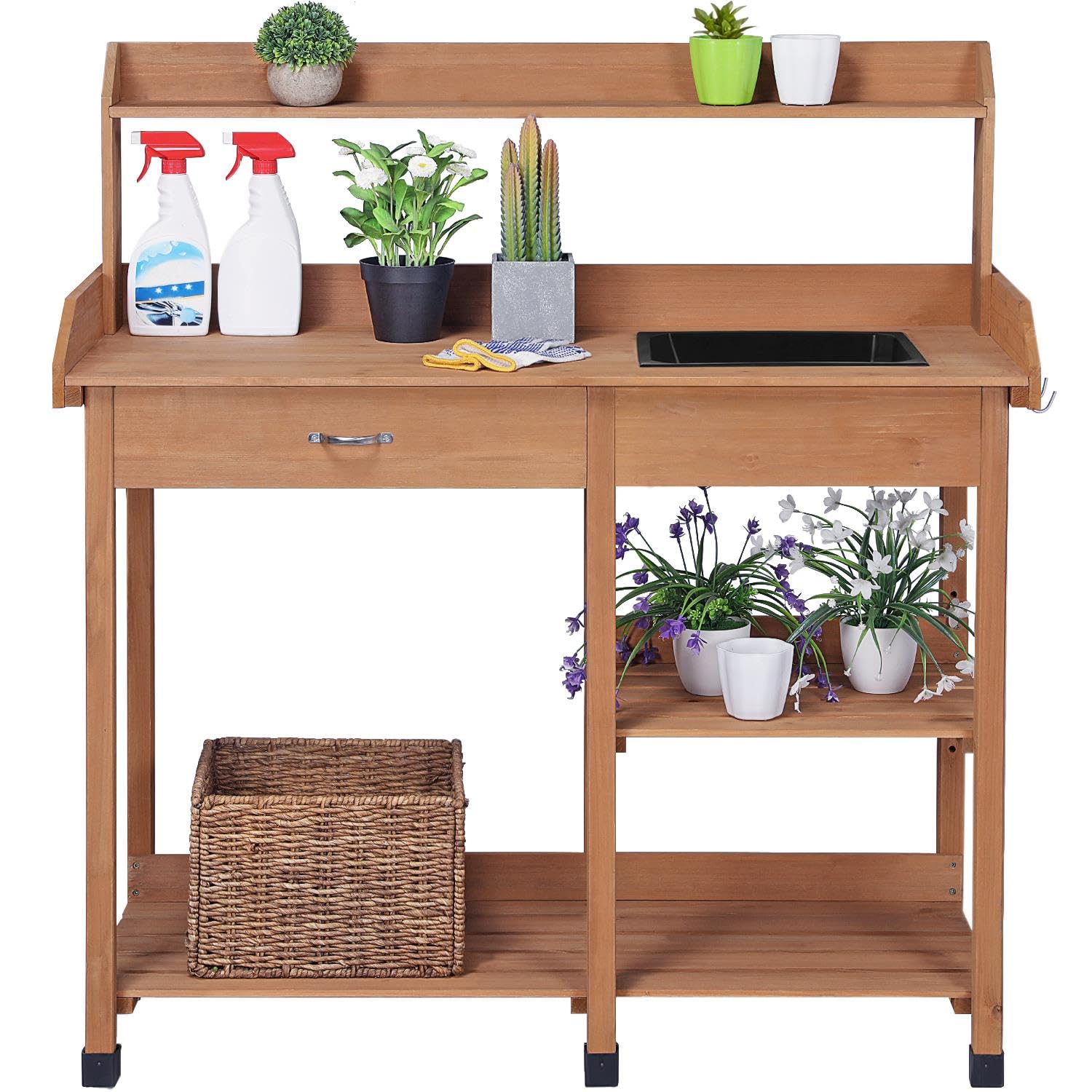 Topeakmart 45.2x17.7x47.6 Inch Outdoor Garden Potting Bench with Removable Sink, Drawer & Shelves - Sturdy Wooden Work Table for Planting, Gardening & DIY Projects - Perfect for Backyard, Patio & Greenhouse Use