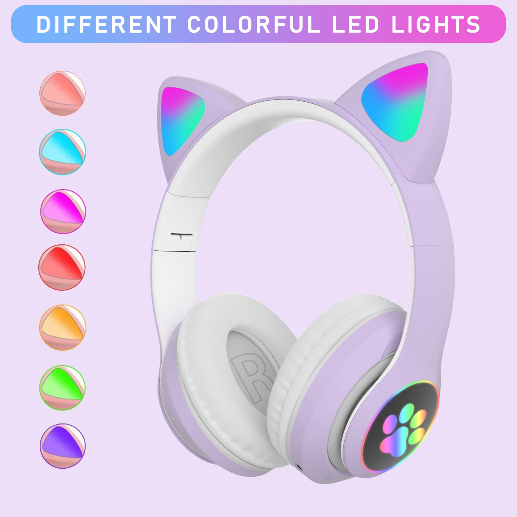Wireless Bluetooth Cat Ear Headphones with Microphone for Kids, Teens & Adults - Purple Cute Headphones for School, Travel & Gaming - Perfect Gift for Girls & Women