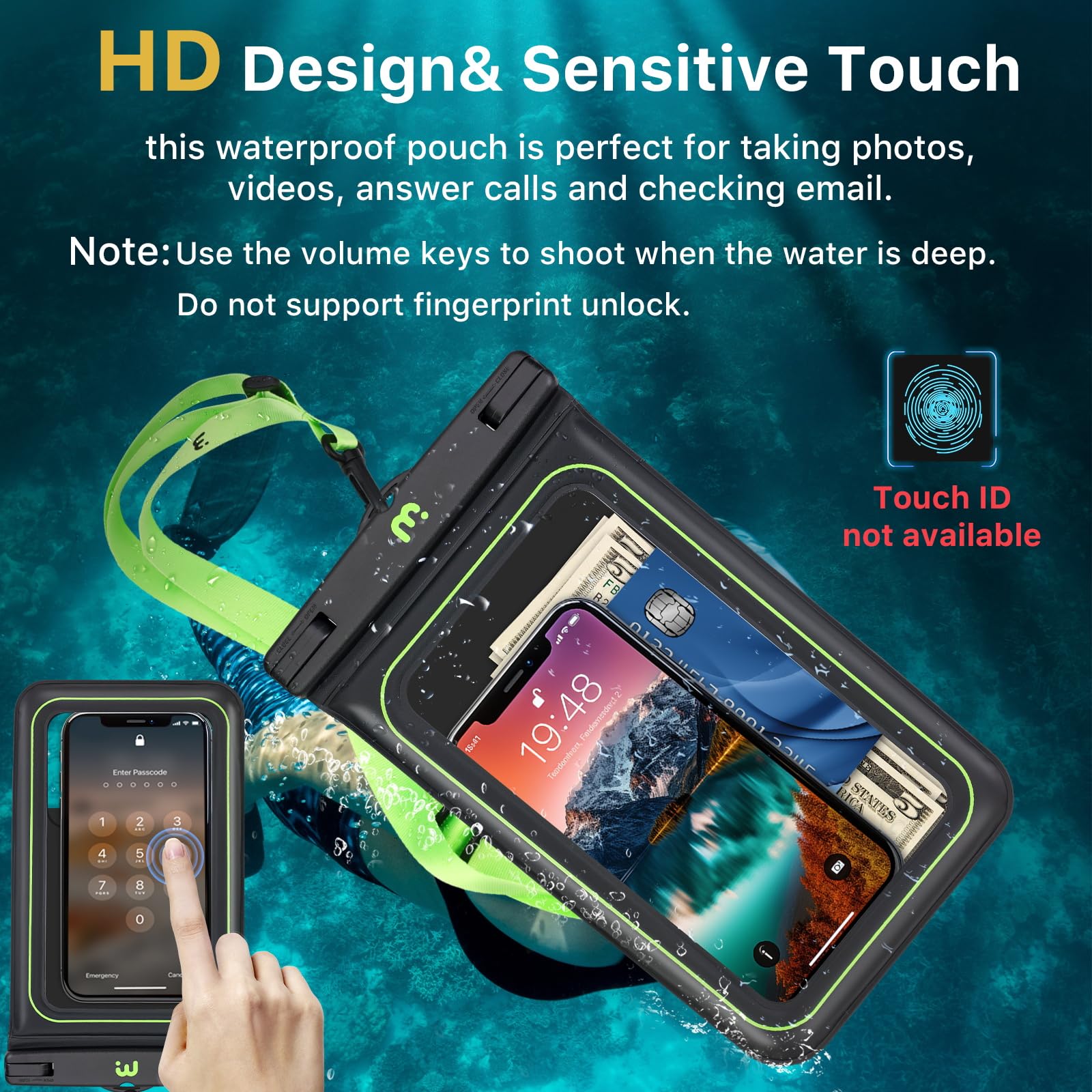 MYBAT PRO 2 Pack IPX8 Waterproof Phone Pouch (XL Size) - Floating Dry Bag with Detachable Lanyard for iPhone 16 Pro Max/15/14, Samsung S24 Ultra/S23, Google Pixel - Black & Green - Perfect for Swimming, Beach, Kayaking and Water Sports