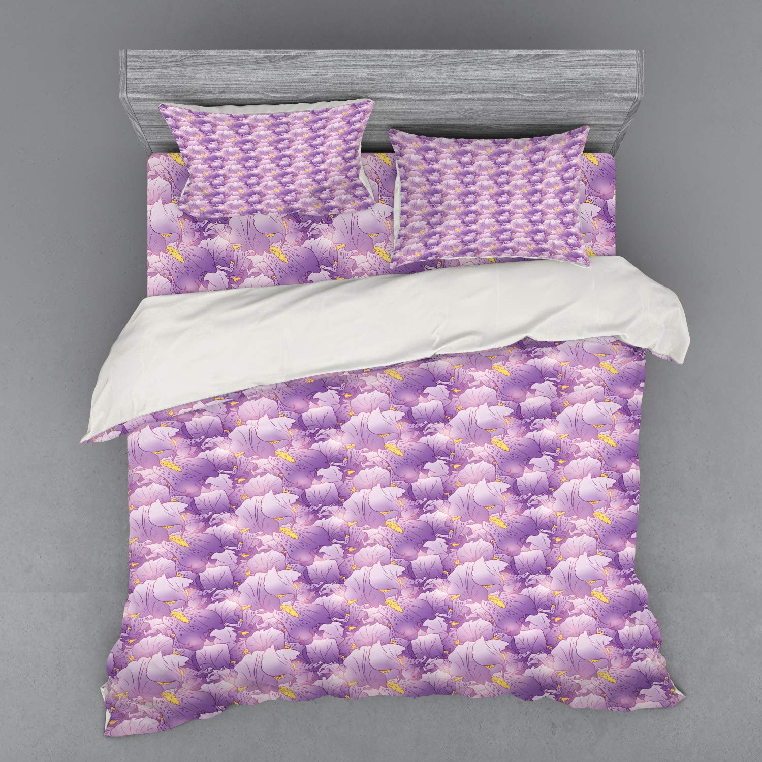 Ambesonne Floral Duvet Cover Set - King Size 4-Piece Bedding with Shams & Fitted Sheet, Nature Inspired Violet Iris Flowers Design in Lavender & Mustard | Perfect for Master Bedroom, Guest Room & Bohemian Home Decor
