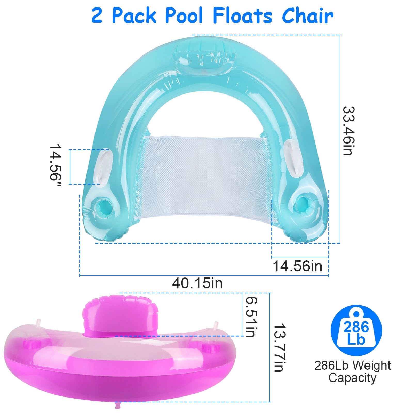Inflatable Pool Float Chair 2 Pack - Adult Lounge Floats with Dual Cup Holders & Backrest, Comfortable Mesh Seat for Swimming, Beach, Lake - Perfect for Summer Relaxation by Pool, Vacation & Outdoor Water Activities